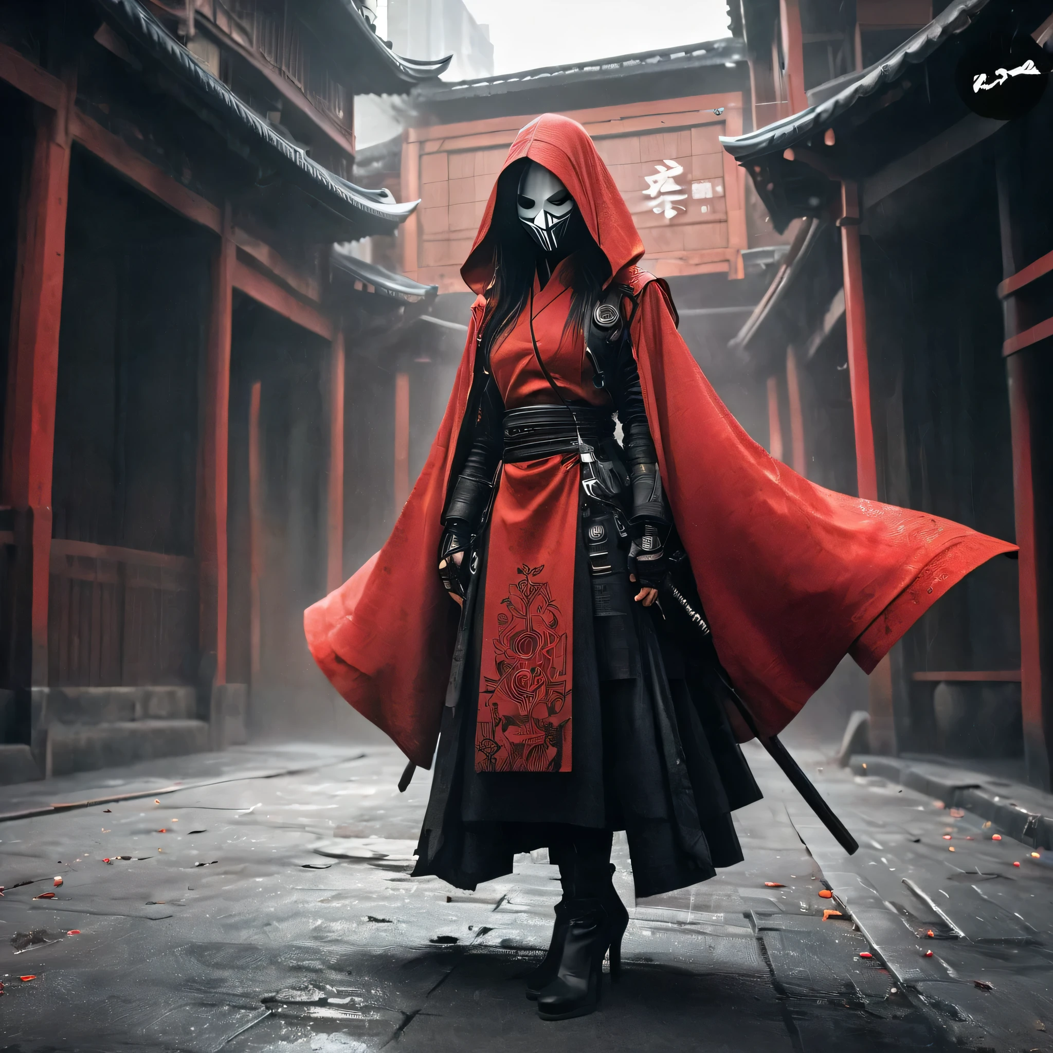 Arafed image of a person wearing scarlet clothing and a mask, Very beautiful cyberpunk samurai, gothic - cyberpunk, Orthodox cyberpunk, Rococo Cyberpunk, ornamental gothic - cyberpunk, Gorgeous cosplay, occult cyberpunk, Mysterious Post-Apocalyptic Cyborg, Steampunk Angel, Ultra-detailed fantasy characters, Steampunk aesthetics, Steampunk fantasy style, japanese gothic, Hypergoth, Beautiful female Grim Reaper