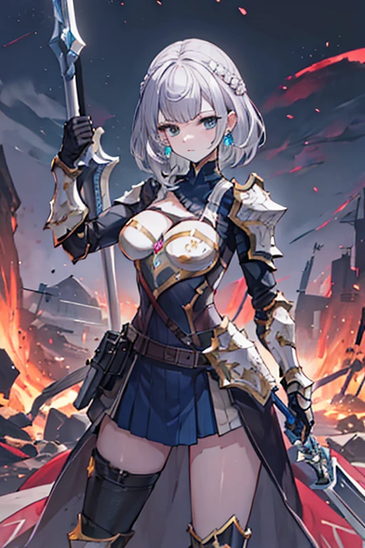  Vibrant,highest quality, Best aesthetics、Woman wielding a large hammer, Luxurious Armor, intense expression, Powerful strokes, jewelry, Earrings, Heroic figures, Detailed armor and weapons, Dynamic pose, War-torn landscape background、Sense of presence、battlefield、The weapon is a hammer、