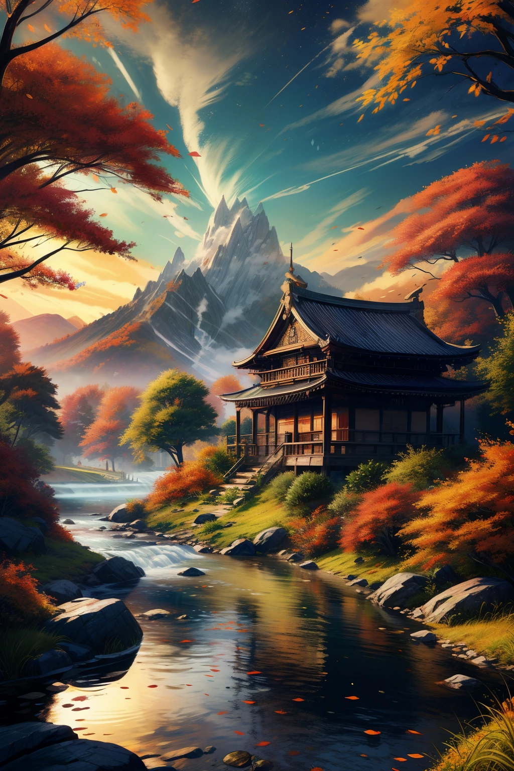 anime scenery, high detailed artwork, background art, 8k high quality detailed art,  river, glowing fireflies , bright shinning sky, sunset, buddhist temple, autumn, autumn leaves, deer, abandoned nature, mountains, wind plays with leaves