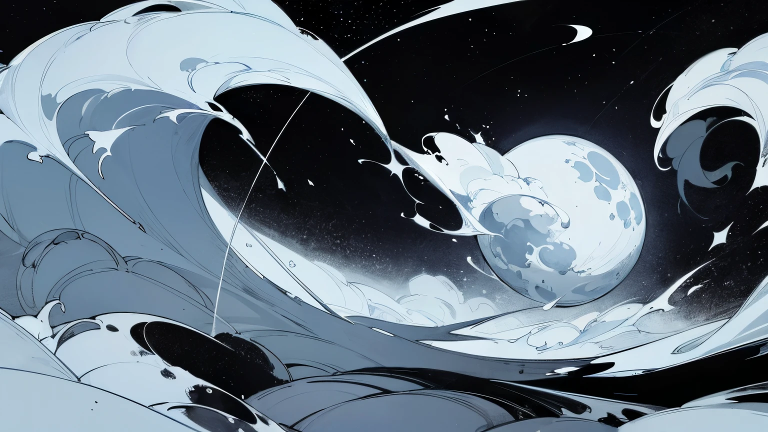 moon, lilly, night, stars, ink splatter, ink, black and white illustration, sketch, highly detailed, high quality, masterpiece, inky, line art, strong line art, flowing, beautiful, picturesque