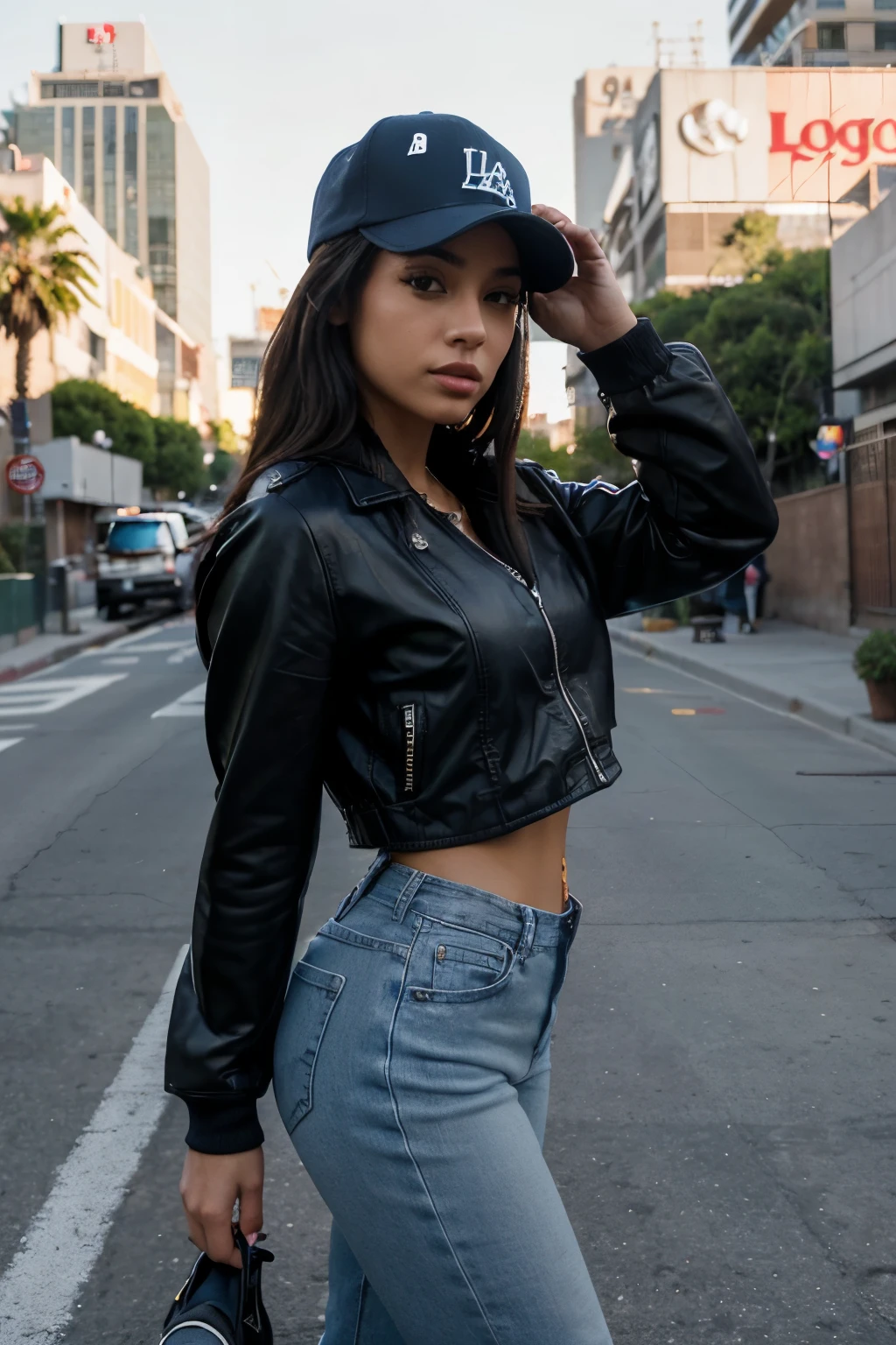 "Generate a digital image representing an urban Latina woman wearing a Los Angeles Dodgers baseball cap. The woman should be surrounded by urban elements such as tall buildings, city lights, and possibly graffiti. Her attire should reflect a modern and urban style, with items like leather jackets, skinny jeans, and sneakers. The Los Angeles Dodgers cap should be prominently featured, adorned with the iconic team logo. The woman can be walking down a lit street or posing with a confident and relaxed attitude. The overall atmosphere should convey a sense of energy and dynamism characteristic of urban Latina life in Los Angeles."