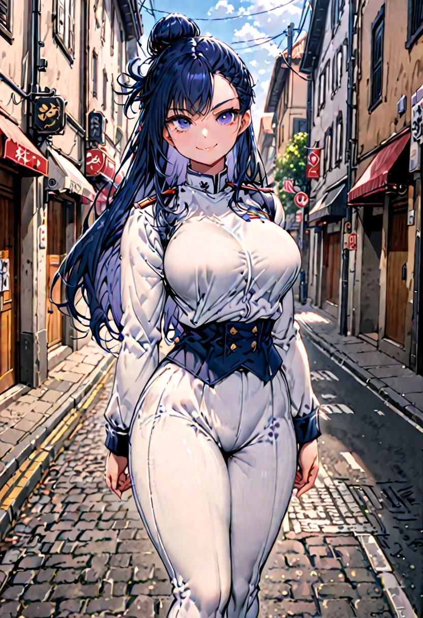 solo, female, sfw, medium short, large body, small head, extremely tall, tall:1.3, long hair, half-up bun, tied hair, dark blue hair, dark blue eyes, , black and white uniform, muscular:0.9, large breasts, street, day, smile