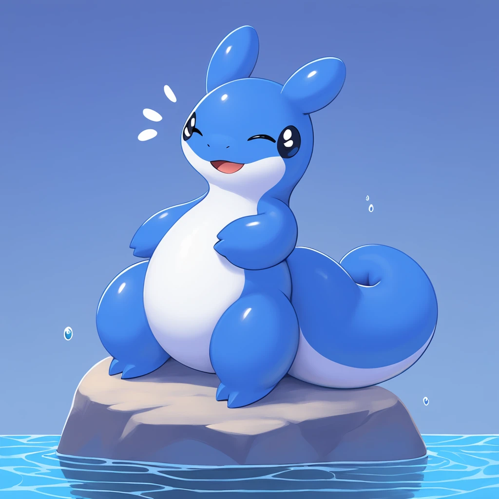 A larva digimon who's skin has not fully hardened because it lives underwater swimming in lakes and rivers with its large tail and sometimes climbs on rocks to vocal train and can sing enemies to sleep, colors are primarily indigo blue with white, swimming in a lake