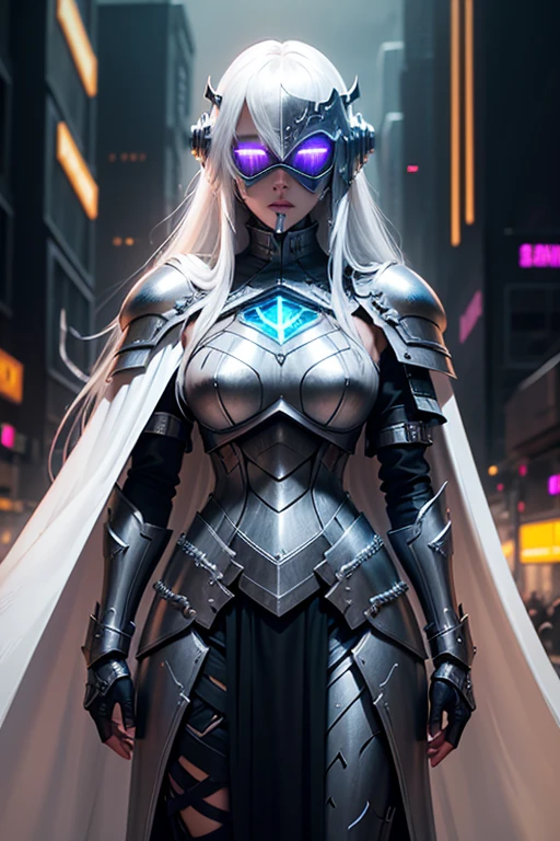 Paladin girl in black metal knight armor and cyberpunk helmet, Long white hair, white cloak, glowing neon, futuristic city, Mixing styles, higly detailed, Realistic full-length photo