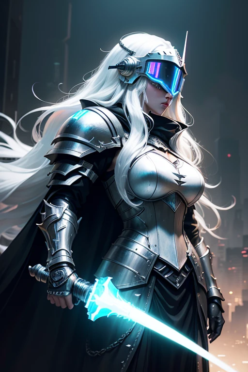Paladin girl in black metal knight armor and cyberpunk helmet, Long white hair, white cloak, glowing neon, futuristic city, Mixing styles, higly detailed, Realistic full-length photo