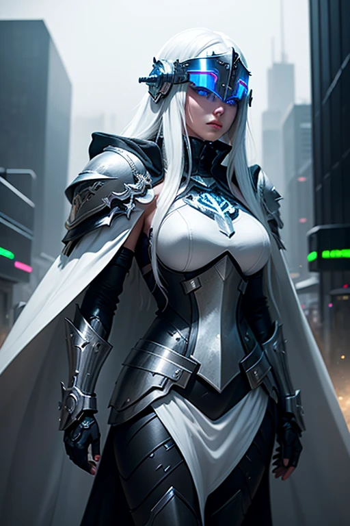 Paladin girl in black metal knight armor and cyberpunk helmet, Long white hair, white cloak, glowing neon, futuristic city, Mixing styles, higly detailed, Realistic full-length photo
