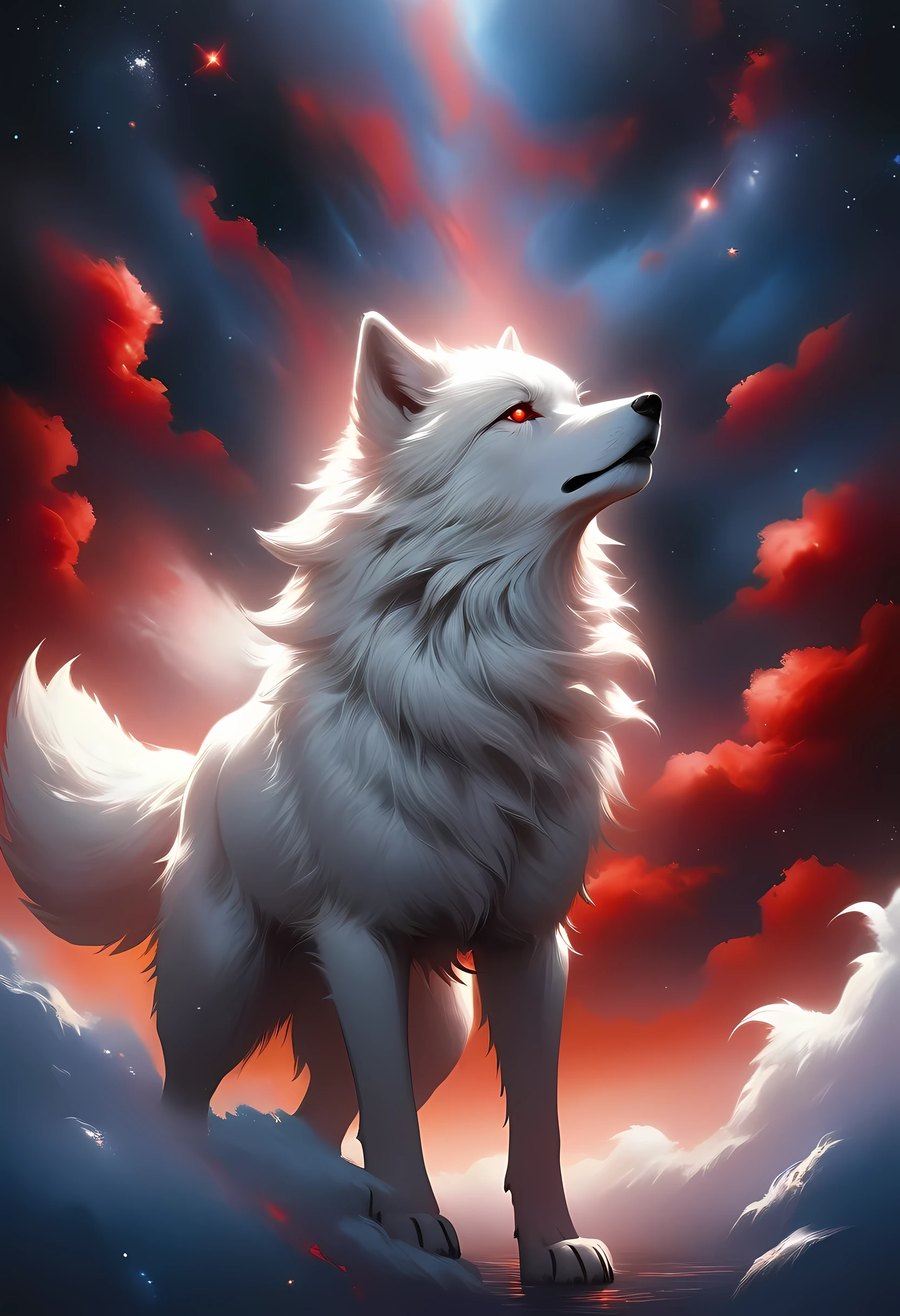 high details, best quality, 16k, [ultra detailed], masterpiece, best quality, gothic art, dark fantasy, (ultra detailed), full body, ultra wide shot, photorealism, an epic white wolf howling to the starry night sky, big epic white wolf , white fur (ultra detailed, Masterpiece, best quality), howling, red eyes RagingNebula (ultra detailed, Masterpiece, best quality), night sky, starry night background (ultra detailed, Masterpiece, best quality, ladyshadow