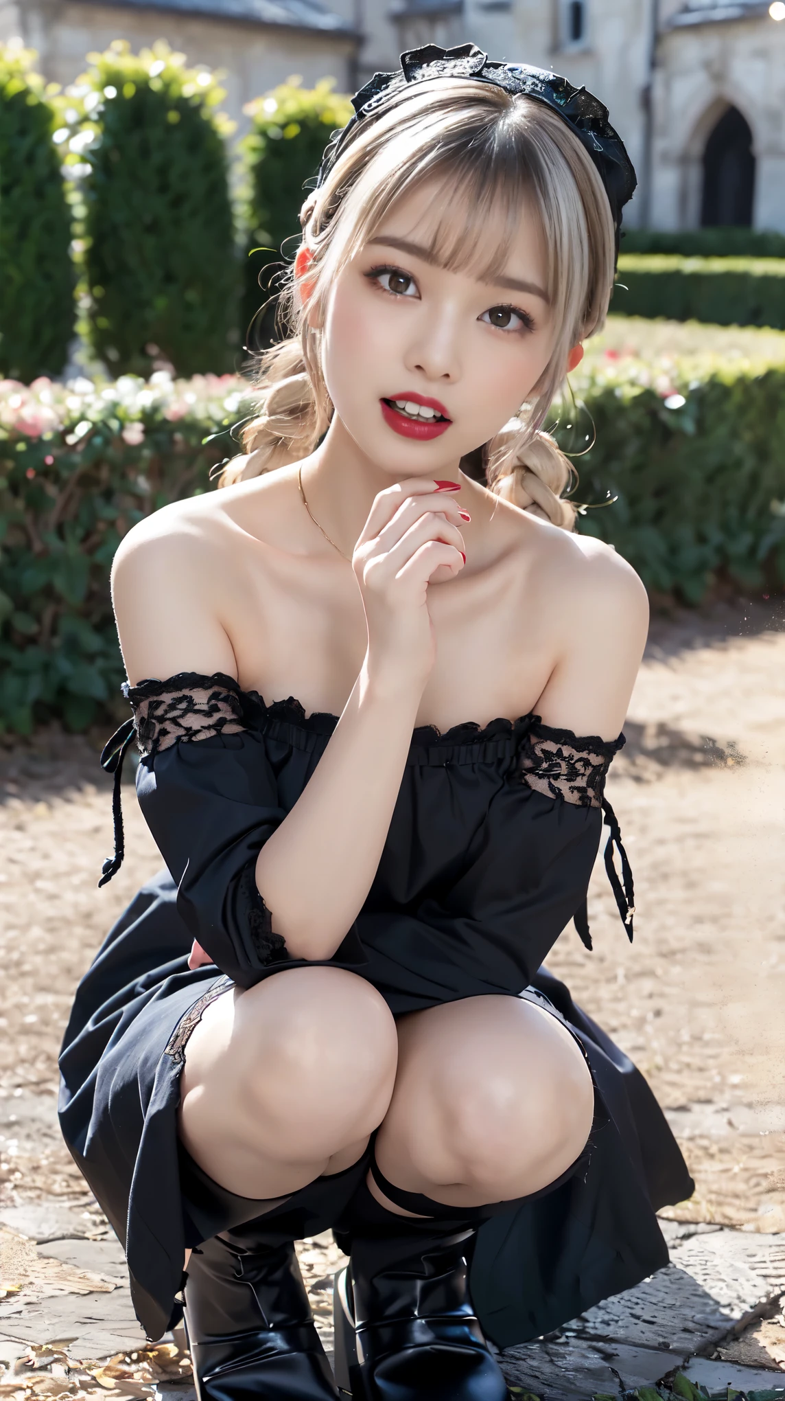 ((18 year old Japanese girl, 1 person)), (((Gothic Lolita Fashion:1.3)),(((Lace off-the-shoulder dress))),(((Outfit with intricate lace detailing))),(Emphasize large breasts:1.3),(European castle background:1.3),(Flowerbed with colorful flowers blooming in the garden),(squat:1.3),(The contrast of light and shadow makes the subject appear three-dimensional),Pretty and beautiful girl,Cute round face,Cute Smile,Blushing,Red lips,(Silvery white hair,Floral knit headband,Half Up、Floral braided space buns,Voluminous fishtail braid,Twisted pan,),(The bangs are see-through),hairpin,hair ornaments,Detailed clothing features,Detailed hair features,Detailed facial features,(Dynamic Angle),BREAK ceremony,((Random sexy poses、put in、Deep pleasure, Ecstatic eyes:1.2)), ((I gasp hard:1.2))、Ecstatic face、Climax expression, Through clenched teeth、My whole body is convulsing、Official Art,Highly detailed CG Unity 8k wallpaper, (masterpiece:1.0),(highest quality:1.0), photo shoot, 8k, Browsing Caution, High resolution, Kodak Portrait 400, Film Grain, Lens flare brilliance,Very low camera angle, View your audience