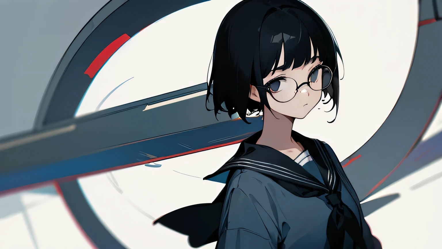 A girl with short black hair and glasses,Sailor suit,Expressionless,Front view,Black glasses、Single image