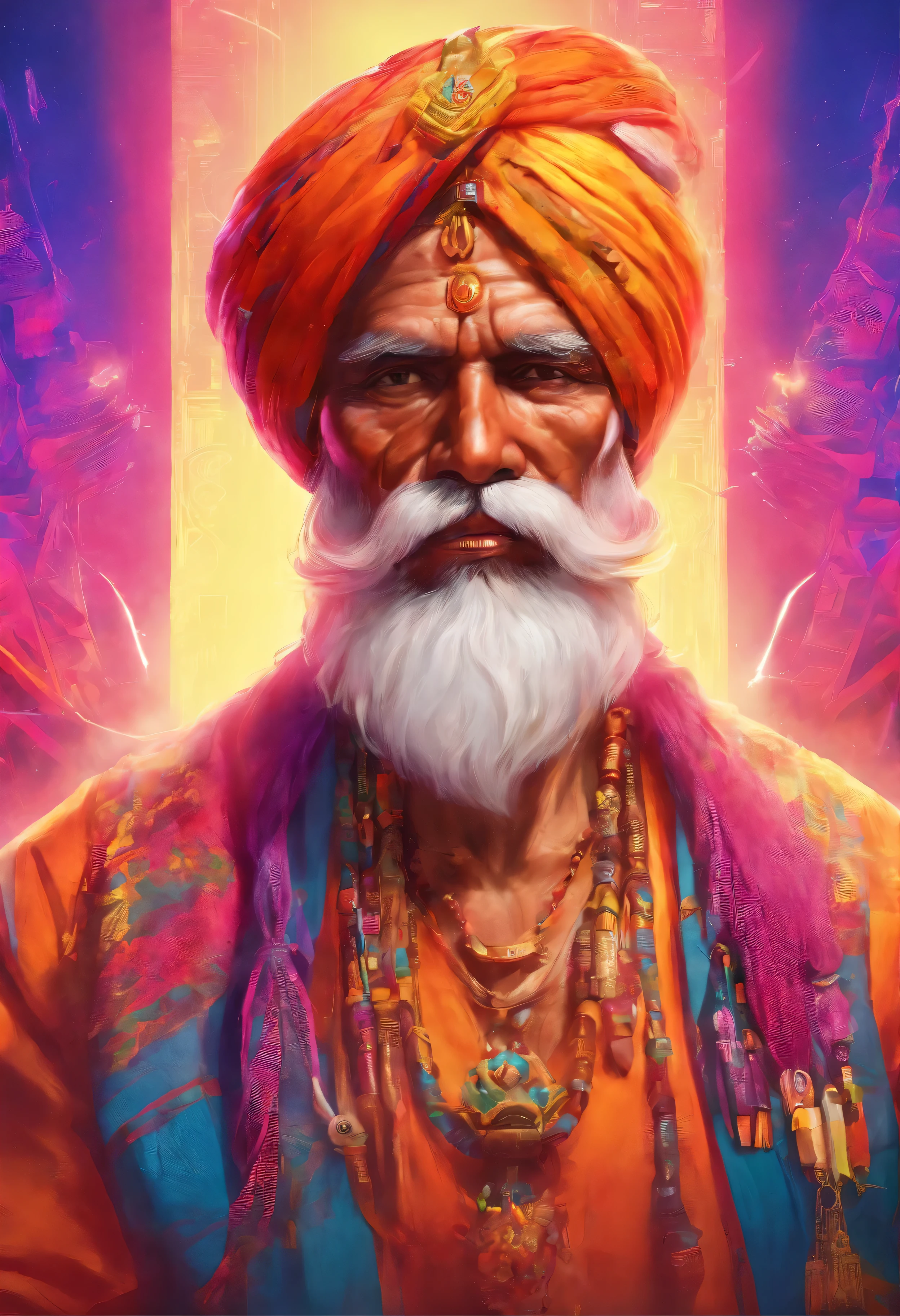 (old indian man:1.1,wearing turban:1.2,white bigger beard:1.1,bigger moustache:1.1,lighting cigar:1.2,in swag,extremely detailed facial hairs,portrait,half body,medium:oil painting,detailed eyes and face,detailed turban,traditional clothing,aged appearance,royal background,studio lighting,vibrant colors,dignified expression) bhasma on forehead, holding sigarete in hand