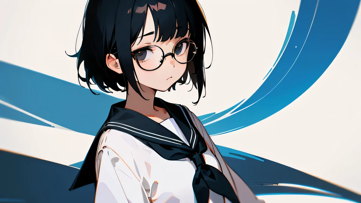 A girl with short black hair and glasses,Sailor suit,Expressionless,Front view,Black glasses、Single image