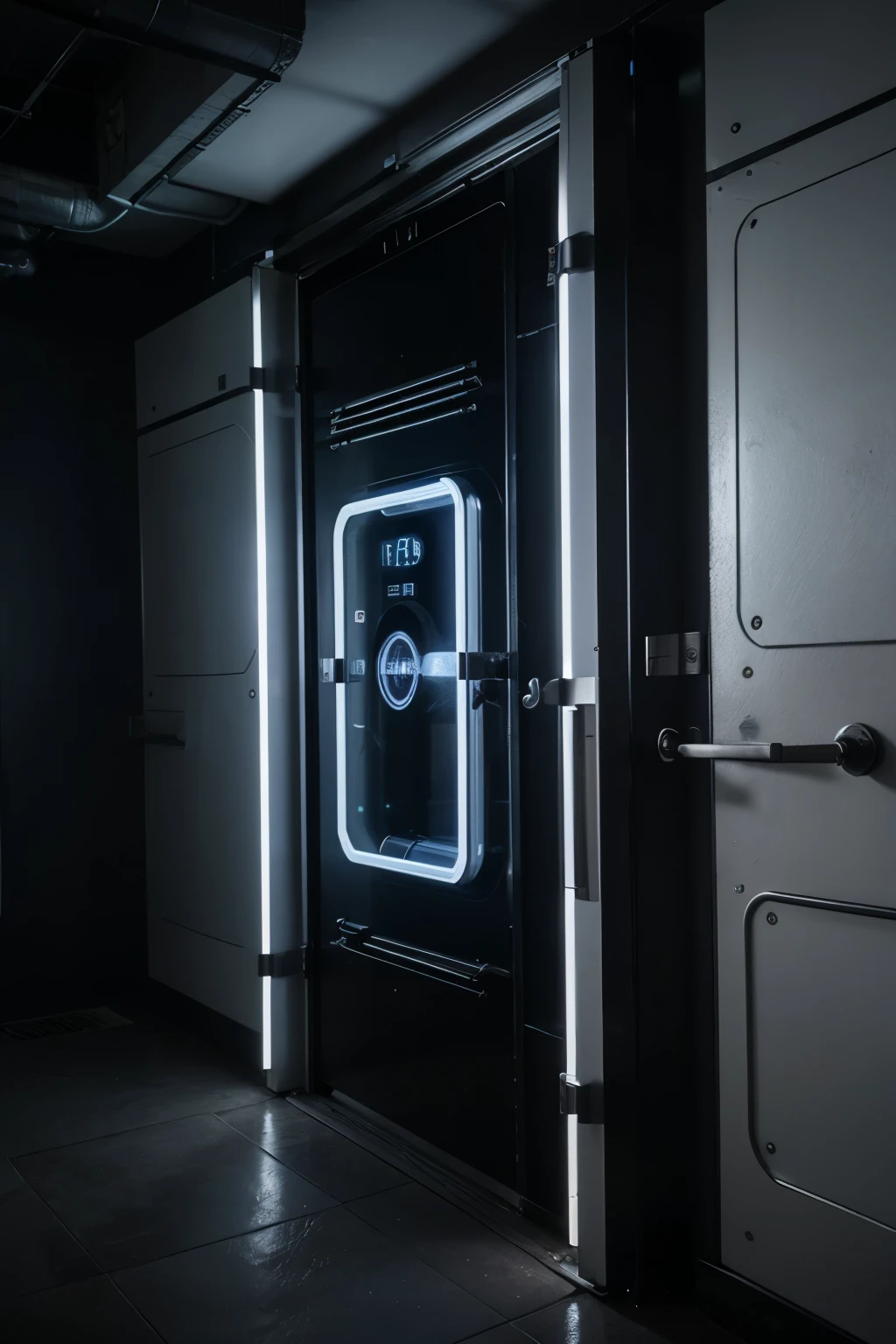 a steel door. there are tubes and wires attached to the sides. dark environment. blue neon lights. blue purple yellow. futuristic and minimalist environment. 3d rending, hyper-detailed --v6.0