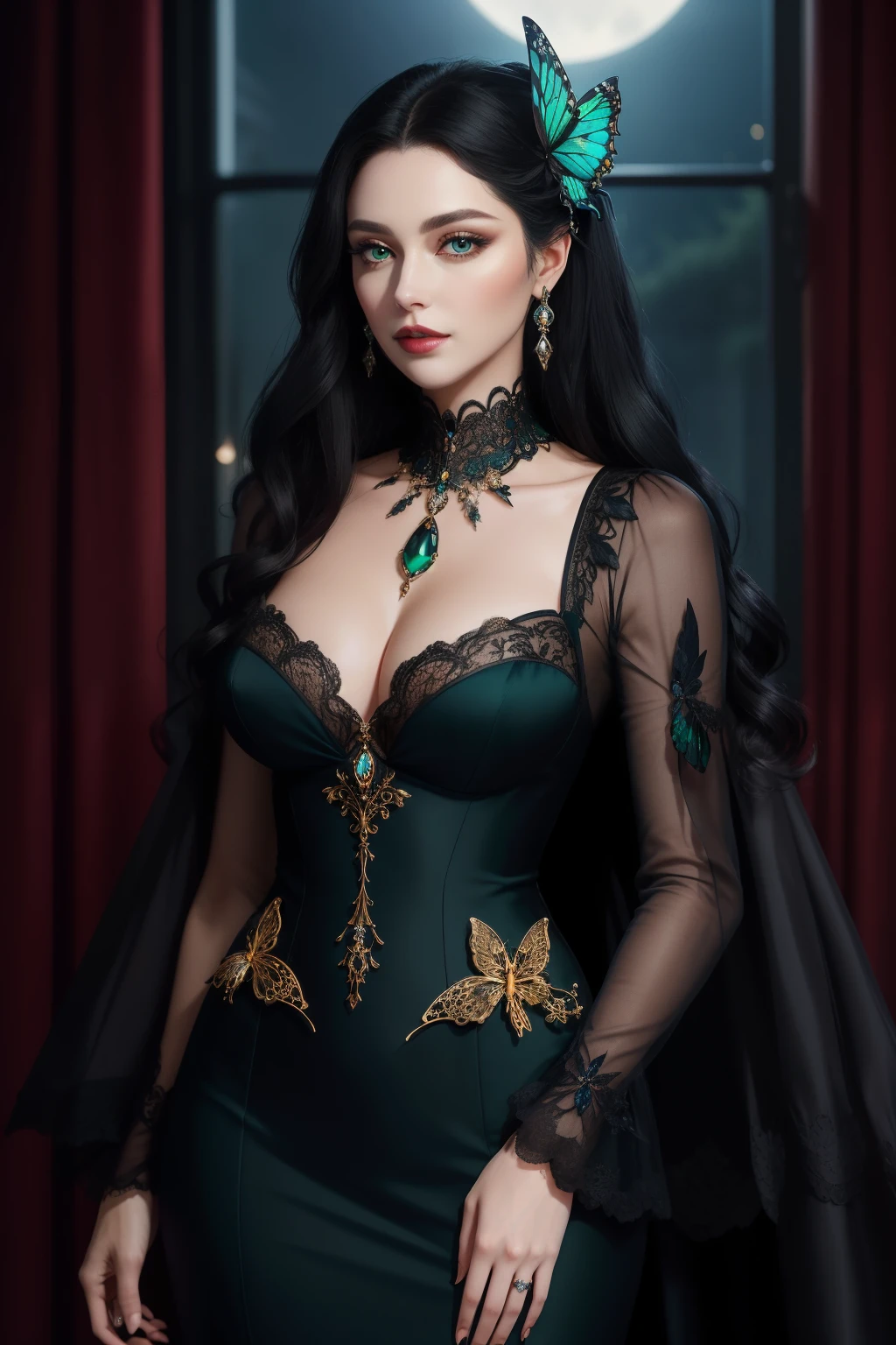 A captivating image of a mysterious entranced woman donning a stylish brooch adorned with an intricately designed butterfly and iris. The brooch subtly rests at the center of her high collar, accentuating her refined elegance. Her long, raven-black hair cascades down in loose waves, framing her striking, almond-shaped green eyes. The soft, enchanting glow of the moonlight illuminates her pale, delicate skin, while her full lips maintain an enticing pout. The rich, dark hues of her outfit complement the brooch, exuding an air of allure and seduction.