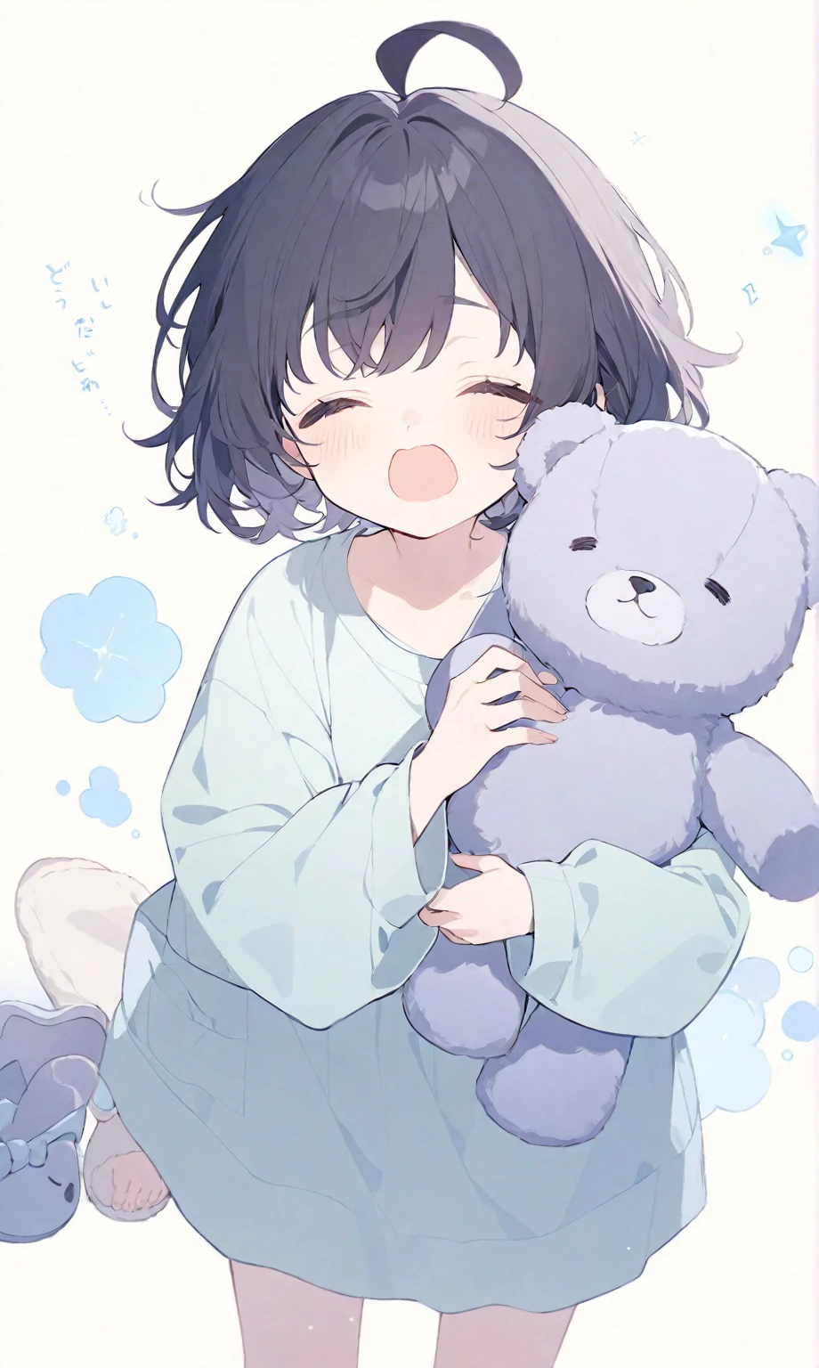 One girl、Black Hair、short hair、Ahoge、cute、Sleepy、Navy blue loose-fitting clothes、Gray shorts、Beautiful feet、My knees look a little flushed、Blue fluffy slippers、片手に灰色の小さくcuteクマのぬいぐるみを胸に抱えている、Holding a grey teddy bear in both hands、Yawn、🥱、Mouth open、Are standing、Looking straight ahead、whole body、Waking up、Very light yellow background、（Light color 1.3）、(Pastel Colors 1.2)。