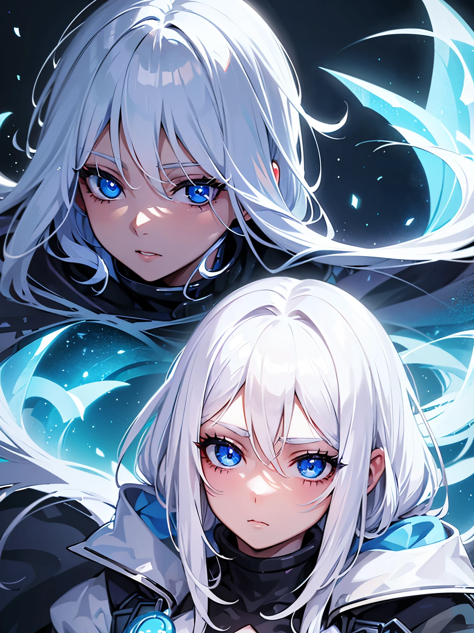 A girl with blue eyes, white hair, cold eyes, long eyelashes pulled to the side and dark skin