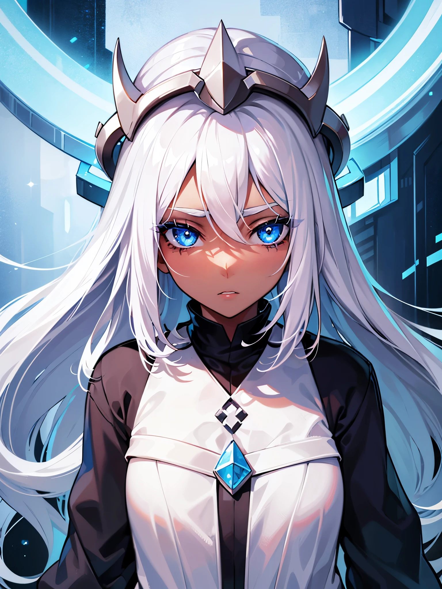 A girl with blue eyes, white hair, cold eyes, long eyelashes pulled to the side and dark skin