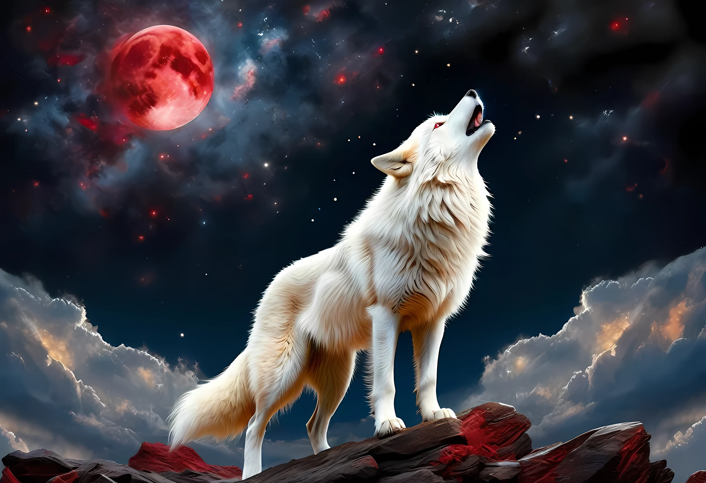 high details, best quality, 16k, [ultra detailed], masterpiece, best quality, gothic art, dark fantasy, (ultra detailed), full body, ultra wide shot, photorealism, an epic white wolf howling to the starry night sky, big epic white wolf , white fur (ultra detailed, Masterpiece, best quality), howling, red eyes RagingNebula (ultra detailed, Masterpiece, best quality), night sky, starry night background (ultra detailed, Masterpiece, best quality, ladyshadow