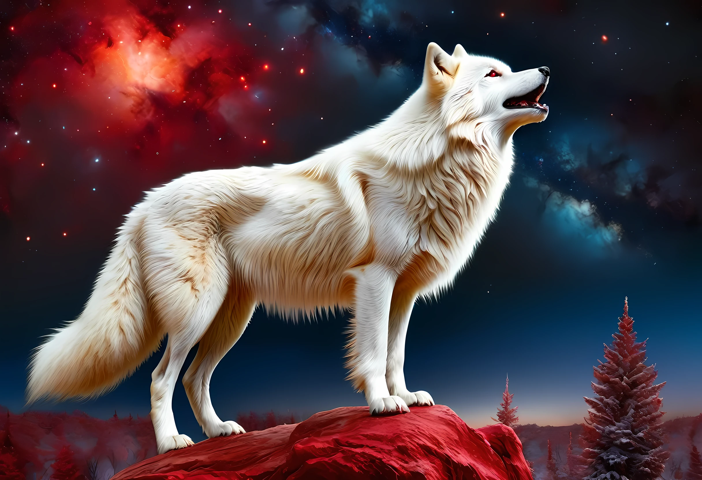 high details, best quality, 16k, [ultra detailed], masterpiece, best quality, gothic art, dark fantasy, (ultra detailed), full body, ultra wide shot, photorealism, an epic white wolf howling to the starry night sky, big epic white wolf , white fur (ultra detailed, Masterpiece, best quality), howling, red eyes RagingNebula (ultra detailed, Masterpiece, best quality), night sky, starry night background (ultra detailed, Masterpiece, best quality, ladyshadow