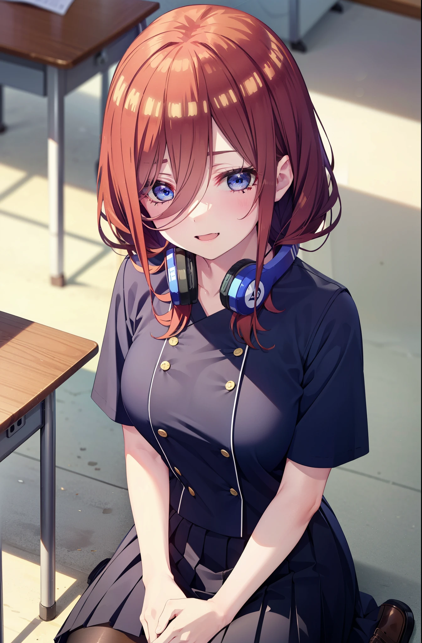 Mikunakano, Miku Nakano, Long Hair, bangs, blue eyes, Brown Hair, shirt, Hair between the eyes, Headphones around neck,smile、happy smile, smile, Open your mouth,Big Breasts,Japanese schoolgirl(Black Sailor Suit),Short sleeve,Black pleated skirt,Black pantyhose,Brown Loafers,Daytime,Clear skies,sitting cross-legged on a chair,There is food on the table,whole bodyがイラストに入るように,Looking down from above,
break indoors, School,classroom,
break looking at viewer, whole body,
break (masterpiece:1.2), highest quality, High resolution, unity 8k wallpaper, (shape:0.8), (Beautiful details:1.6), Highly detailed face, Perfect lighting, Extremely detailed CG, (Perfect hands, Perfect Anatomy),