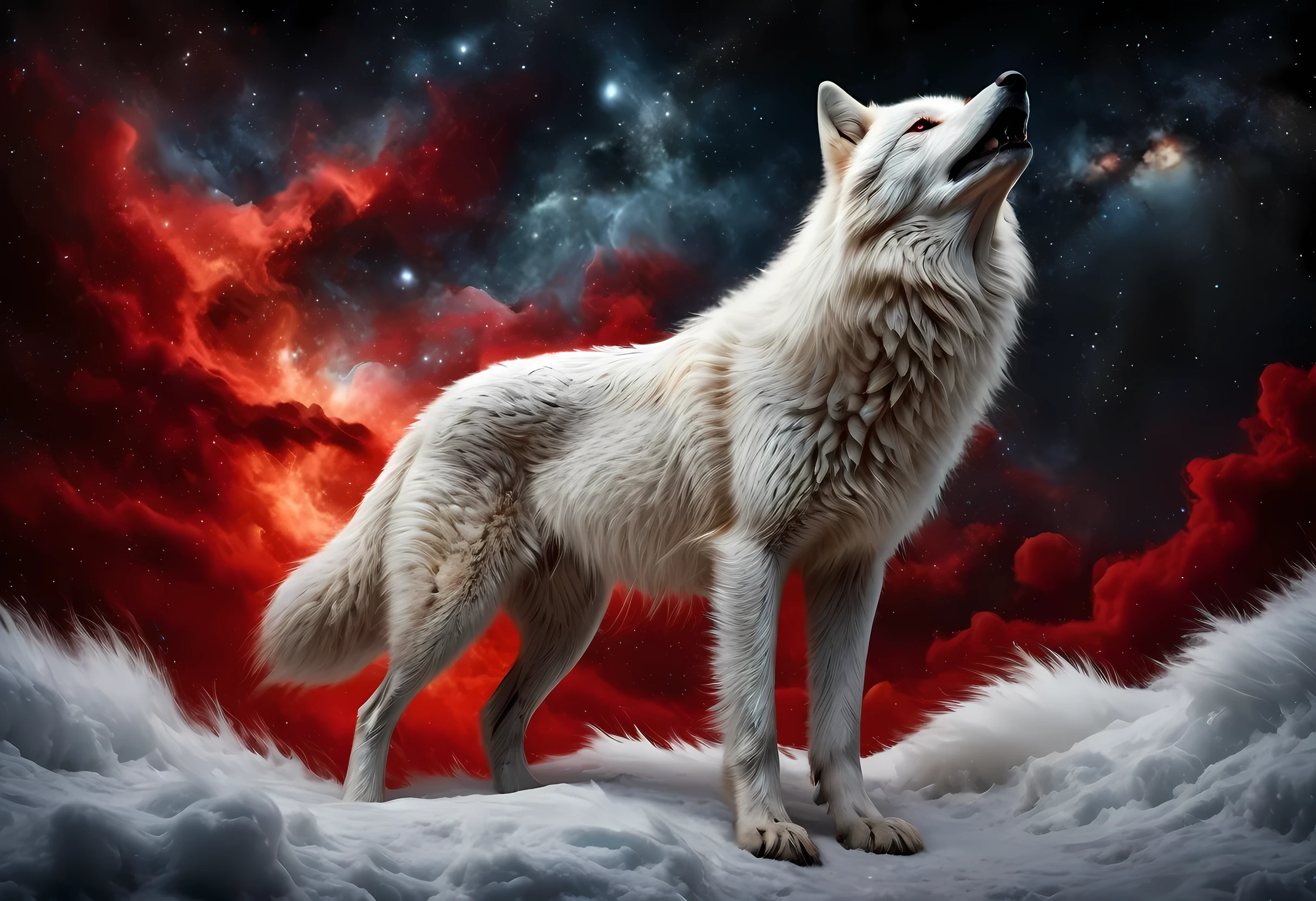 high details, best quality, 16k, [ultra detailed], masterpiece, best quality, gothic art, dark fantasy, (ultra detailed), full body, ultra wide shot, photorealism, an epic white wolf howling to the starry night sky, big epic white wolf , white fur (ultra detailed, Masterpiece, best quality), howling, red eyes RagingNebula (ultra detailed, Masterpiece, best quality), night sky, starry night background (ultra detailed, Masterpiece, best quality, ladyshadow