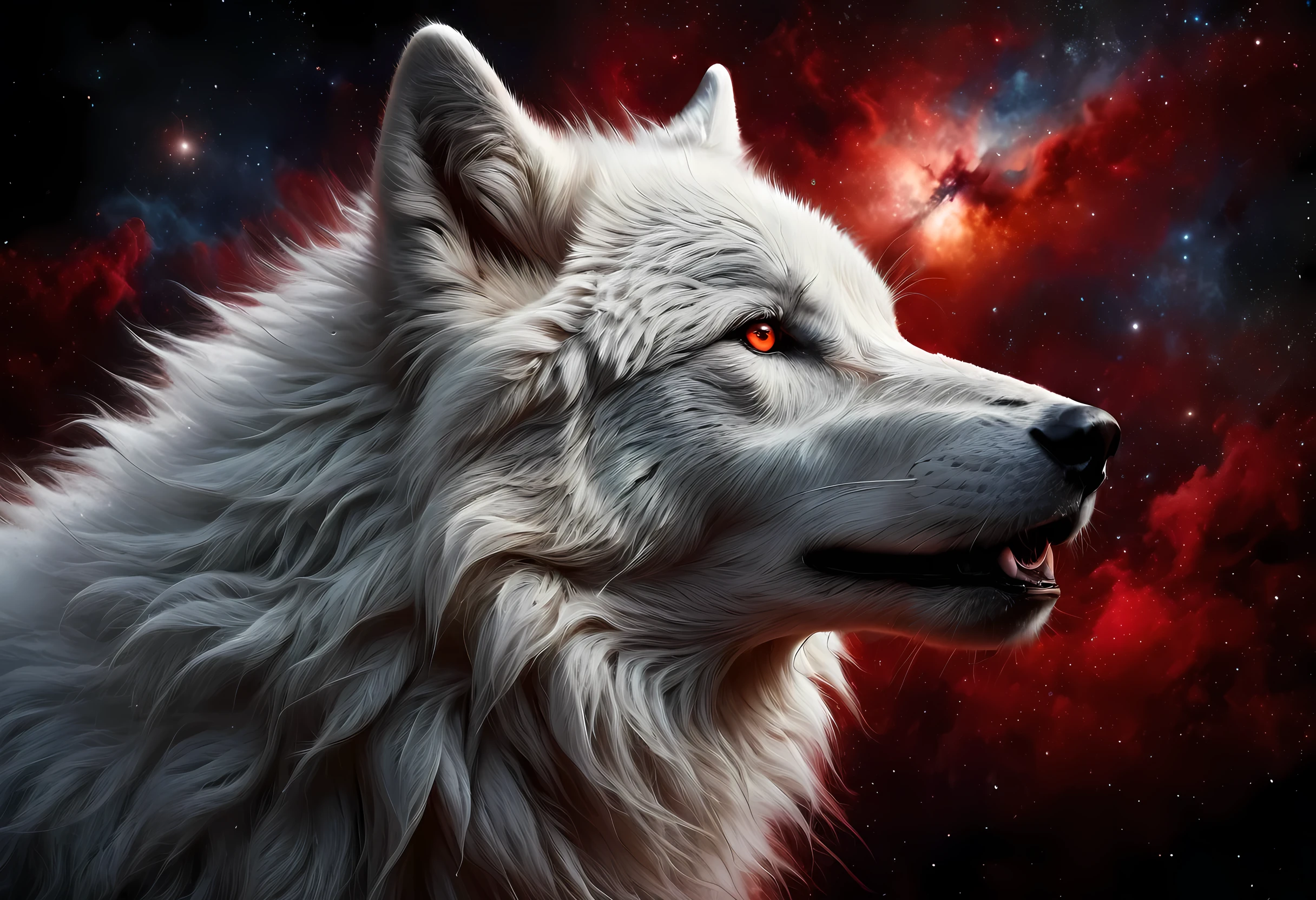 high details, best quality, 16k, [ultra detailed], masterpiece, best quality, gothic art, dark fantasy, (ultra detailed), full body, ultra wide shot, photorealism, an epic white wolf howling to the starry night sky, big epic white wolf , white fur (ultra detailed, Masterpiece, best quality), howling, red eyes RagingNebula (ultra detailed, Masterpiece, best quality), night sky, starry night background (ultra detailed, Masterpiece, best quality, ladyshadow