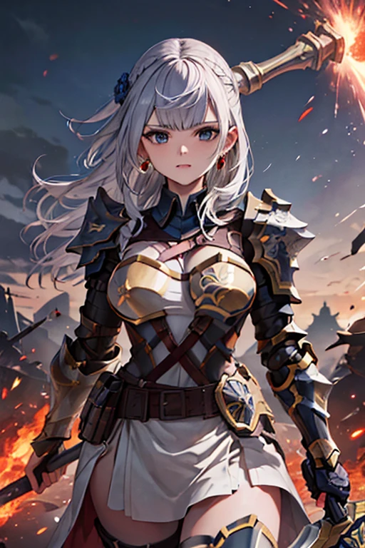  Vibrant,highest quality, Best aesthetics、Woman wielding a large hammer, Luxurious Armor, intense expression, Powerful strokes, jewelry, Earrings, Heroic figures, Dynamic pose, War-torn landscape background、Sense of presence、battlefield、The weapon is a hammer、Holding a huge hammer in both hands、