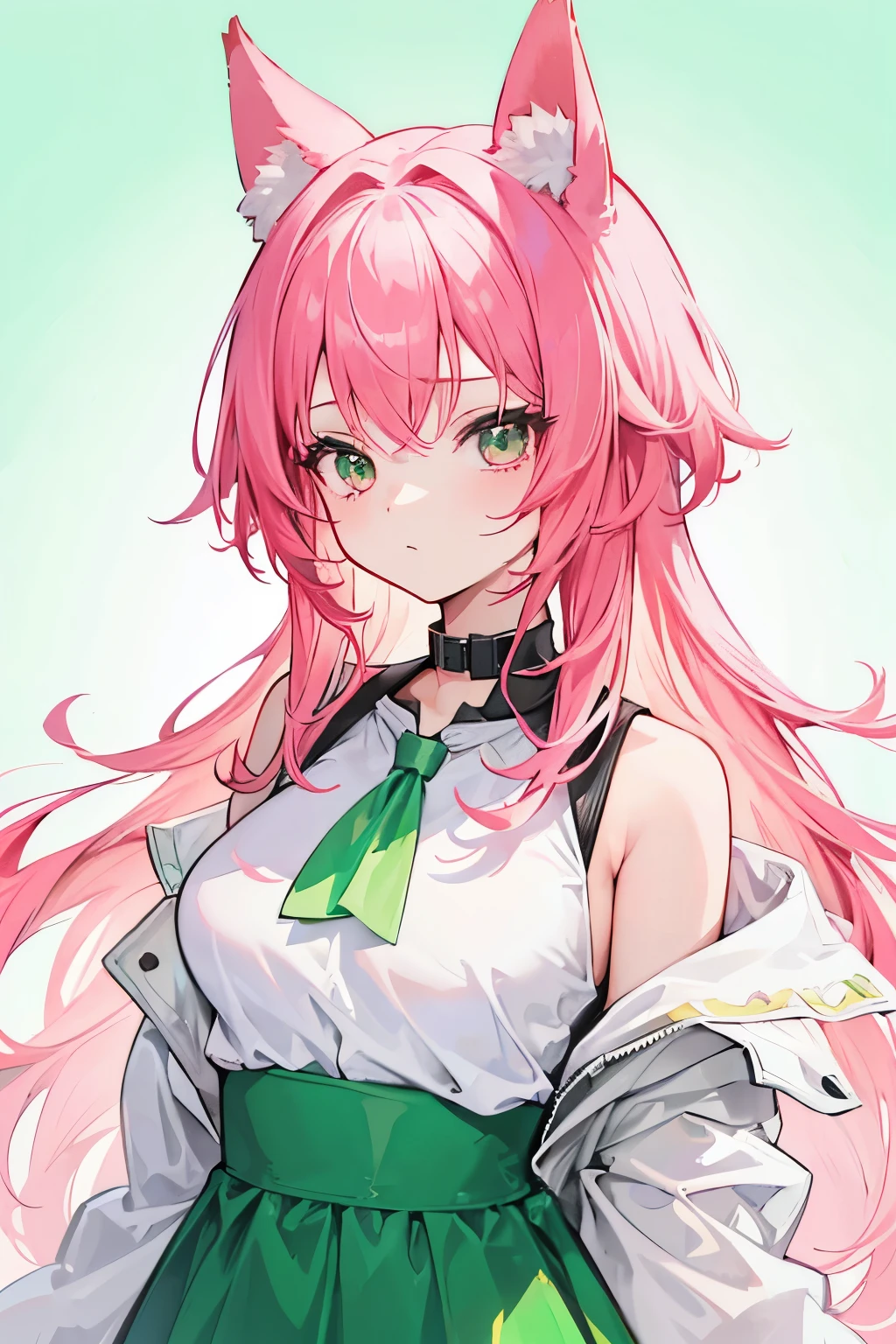 1girl, animal_ears, gradient, gradient_background, green_background, looking_at_viewer, pink_hair, solo by JM