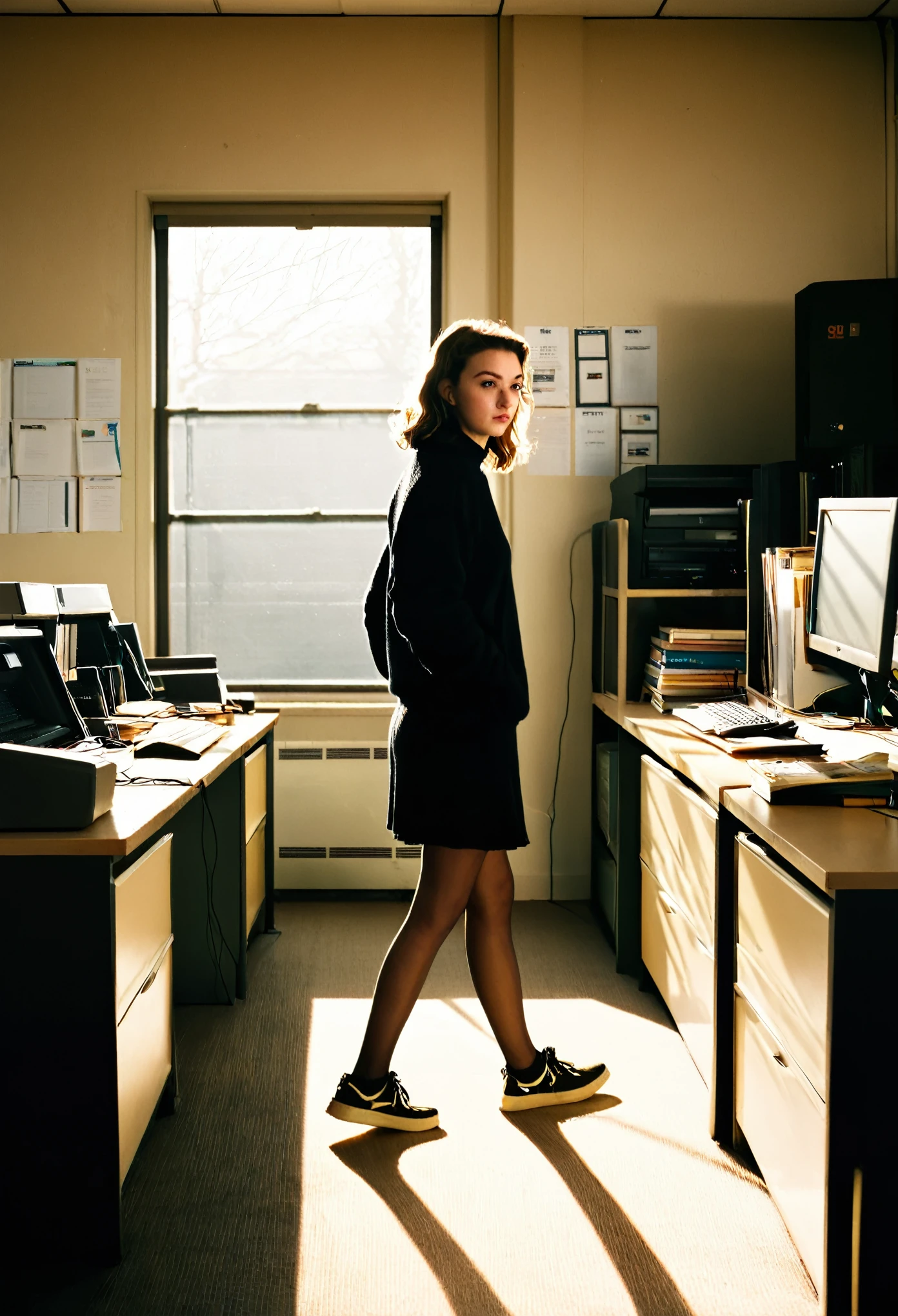 85mm, Fuji Superia 1600, ISO-6400, f/5.6, 1/30, film photography, film photograph style, heavy grain, Hyperrealism style, Cinematic Hollywood Film style, photograph of the silhouette of a young age white girl walking in a dark empty office. She is looking around at the desks. There are big windows behind her, and the light coming in enhances her silhouette. There are four untidy desks in the middle, two on the left and three on the right, with late 1990s computers on the desks, and books on top of the monitors. along with landline phones, office supplies, and chairs. She is wearing a black sweater, jeans, and sneakers. In the background, there is a coffee machine and a microwave, as well as a corkboard with papers attached to it. The office's darkness cast eerie shadows everywhere.