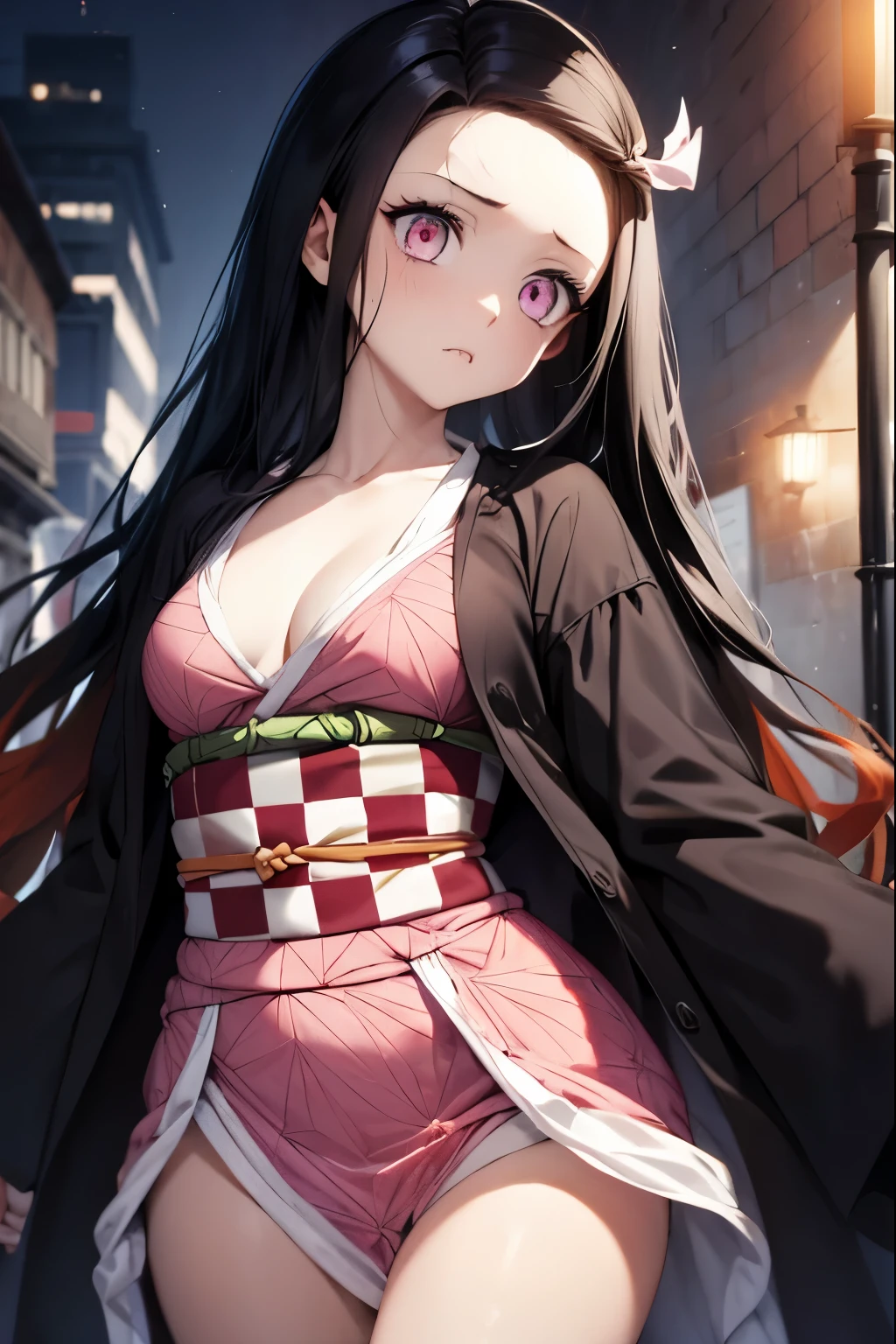 corpse, sinister, female, thin, pale, looking at the camera, ultra realistic, fully detailed, cemetery environment, bright eyes, white dress torn and stained with blood, bones exposed, putrid wounds, sensual, terrifying , angry , bruised by the body, exposed fracture in the collarbone , super detailed, white eyes,gun shots in the body,  black hair, Nezuko Kamado, Kimono open , pantie ,revelating clothes sexy   , night  .