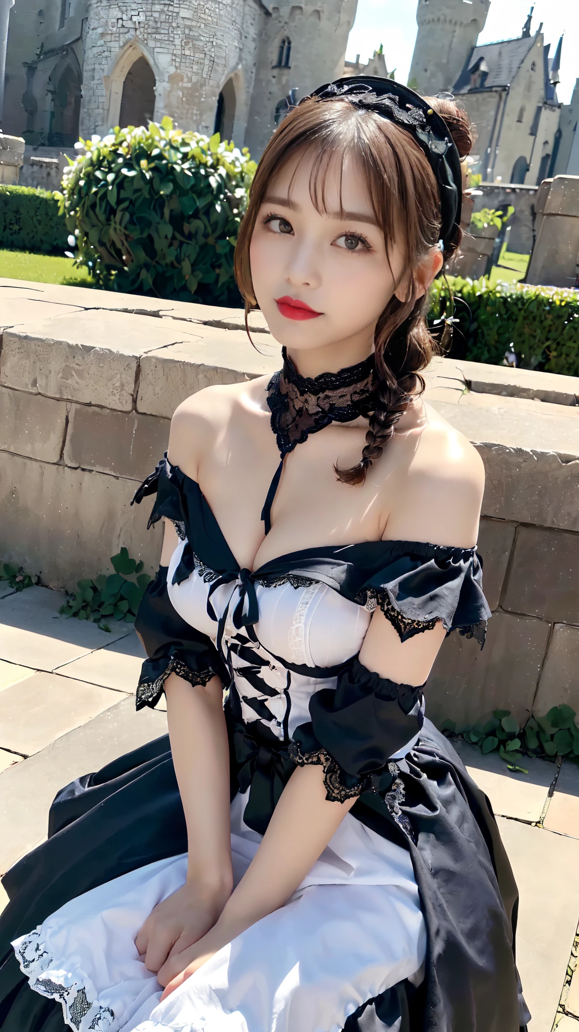 (((Gothic Lolita Fashion:1.3)),(((Lace off-the-shoulder dress))),(((Outfit with intricate lace detailing))),(Emphasize large breasts:1.3),(European castle background:1.3),(Flowerbed with colorful flowers blooming in the garden),(squat:1.3),(The contrast of light and shadow makes the subject appear three-dimensional),Pretty and beautiful girl,Cute round face,Cute Smile,Blushing,Red lips,(Silvery white hair,Floral knit headband,Half Up、Floral braided space buns,Voluminous fishtail braid,Twisted pan,),(The bangs are see-through),hairpin,hair ornaments,Detailed clothing features,Detailed hair features,Detailed facial features,(Dynamic Angle),(Dynamic and sexy pose),Professional Lighting,Cinematic Light,(Tabletop,highest quality,Ultra-high resolution output images, Depth of written boundary,) ,(32k quality,Depth of written boundary,Anatomically correct facial structure,),(SeaArt 2 Mode:1.3),(Picture Mode Ultra HD,)