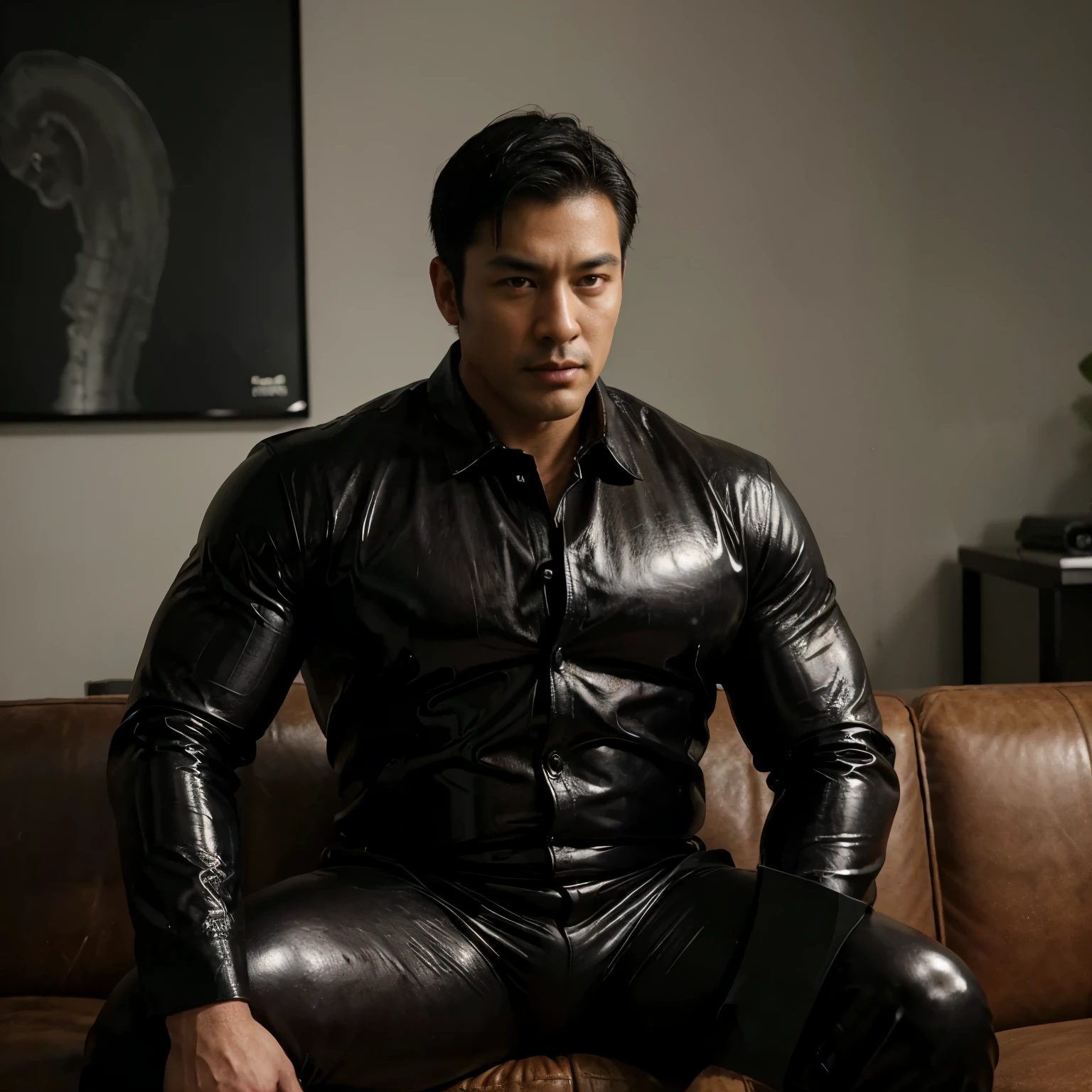 30 years old,daddy,"shiny suit ",Dad sat on sofa,k hd,in the office,"big muscle", gay ,black hair,asia face,masculine,strong man,the boss is,handsome,,leather gloves,lecherous dad,look straight ahead,dad is handsome,dad is handsome ,dad is "horny dad"