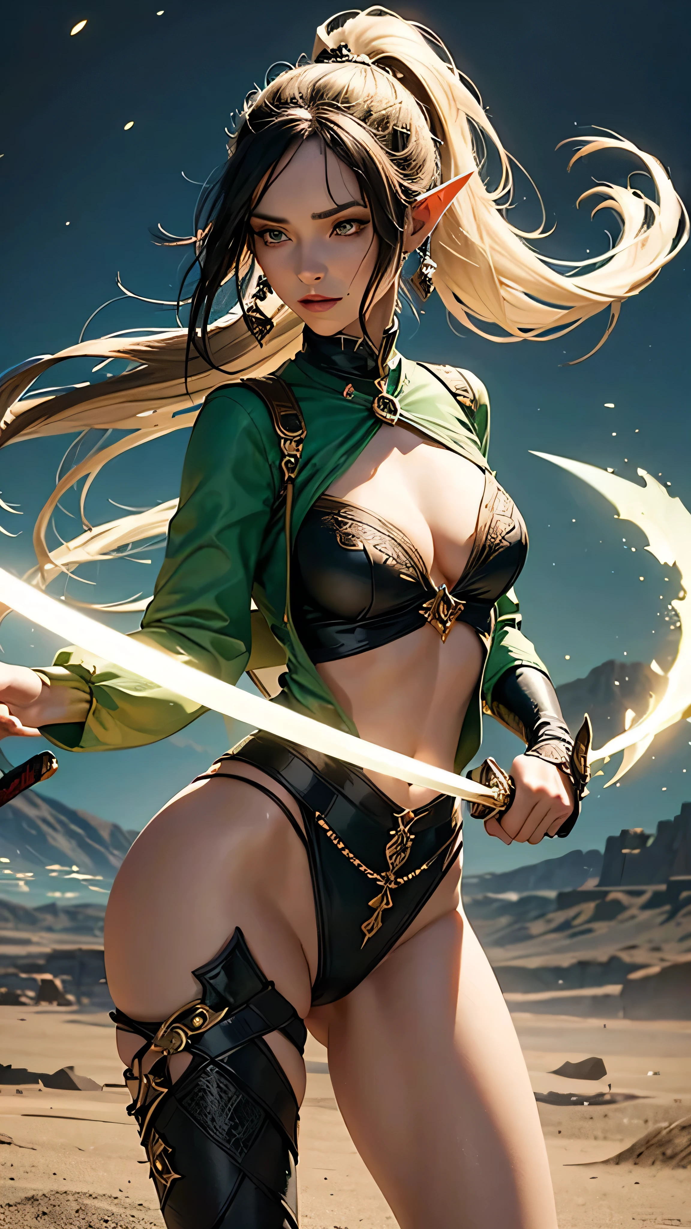 A woman who bent her bow and shot arrows, grey long hair, ((((Head back, chest, standing on one leg, The other leg is bent)))), Wearing a green dress, The bandeau is shaped like a green leaf, Short skirt with flower petals, jungle backdrop, depth of fields, ultra-wide-angle, full body shot shot, Breast size is moderate, Elf short bow, The arrow points to the lens, self-assured, courageous and resolute, Mask smiles, Play with expressions（realisticlying）, hyper HD, Masterpiece, ccurate, Anatomically correct, Textured skin, Super detail, High quality, High details, Best quality, A high resolution, 4K