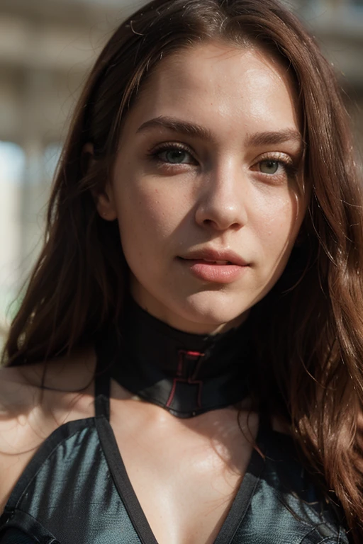 (Real woman of 18 years old with perfec and detailed face), who has long red hair bright, (with physical features of German woman), (anatomically proportioned) (with brigth green eyes, a heigth of 173 centemeters), Unified 8k wallpaper, realistic realism, sunlight, full body portrait, amazing beauty, dynamic pose, (((Dressed in a Marvel ))).