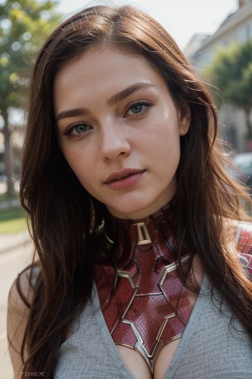 (Real woman of 18 years old with perfec and detailed face), who has long red hair bright, (with physical features of German woman), (anatomically proportioned) (with brigth green eyes, a heigth of 173 centemeters), Unified 8k wallpaper, realistic realism, sunlight, full body portrait, amazing beauty, dynamic pose, (((Dressed in a Marvel ))).