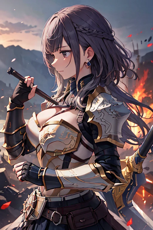  Vibrant,highest quality, Best aesthetics、 Luxurious Armor, intense expression, Powerful strokes, jewelry, Earrings, Heroic figures, Dynamic pose, War-torn landscape background、Sense of presence、battlefield、Nothing in my hands、Carrying a huge hammer、