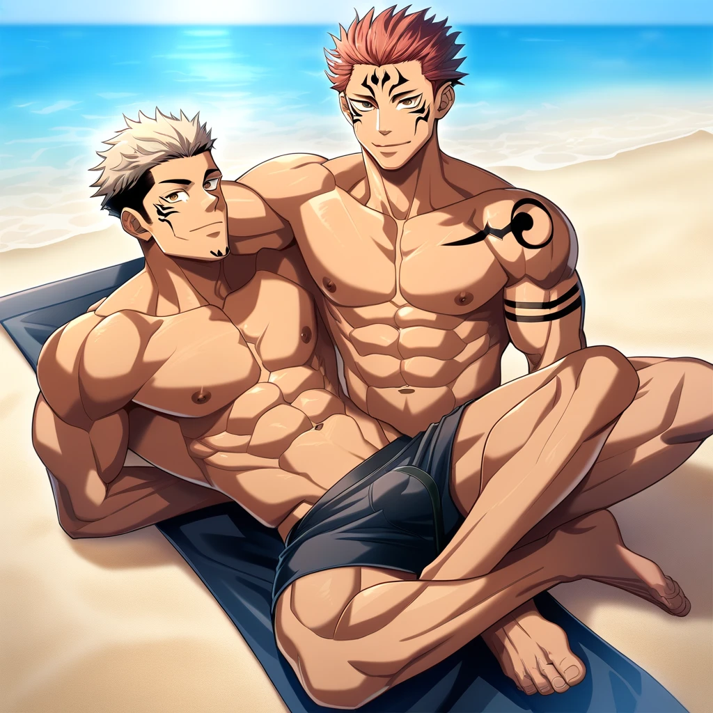 1boys, full body, male focus, muscular male, best quality, amazing quality, best aesthetic, absurdres, chilling at the beach, gay couple, official style, year 2023, game cg, looking at viewer, happy, looking at viewer, together on picture, yaoi, gay couple, abs wet with milk dripping, (Ryomen Sukuna), Jujutsu kaisen, , arms back of head, wearing black short .
