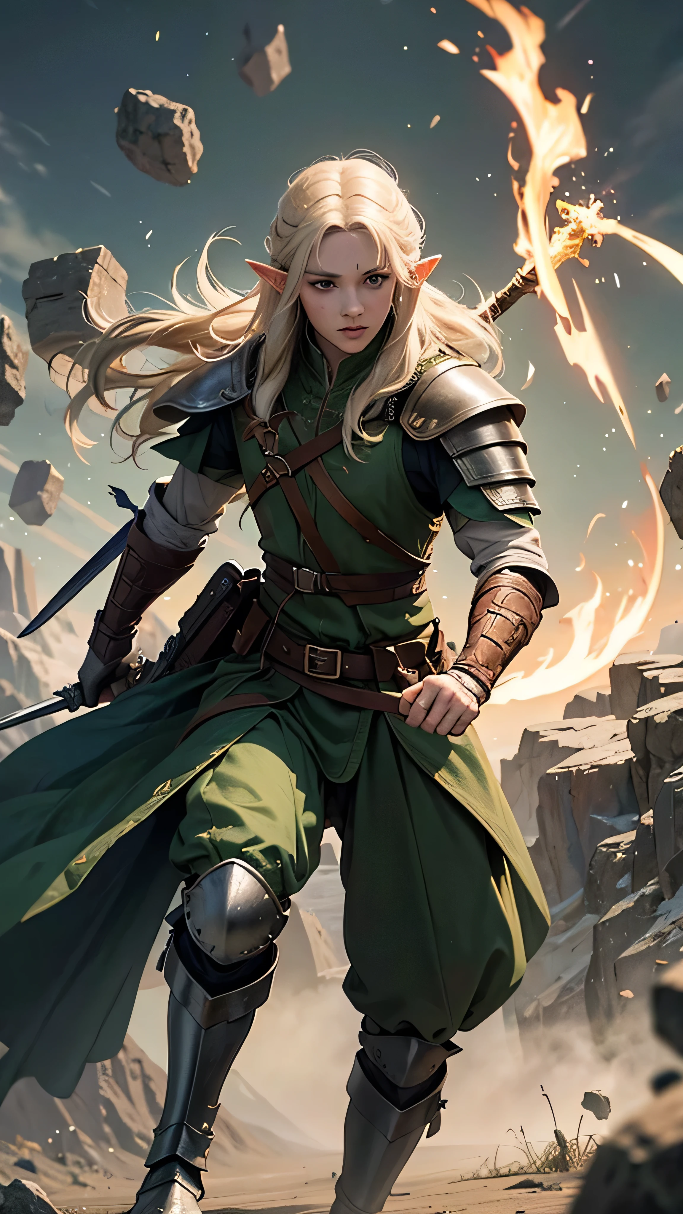 elf man, legolas, leaves embedded in armor, fighting stance, running