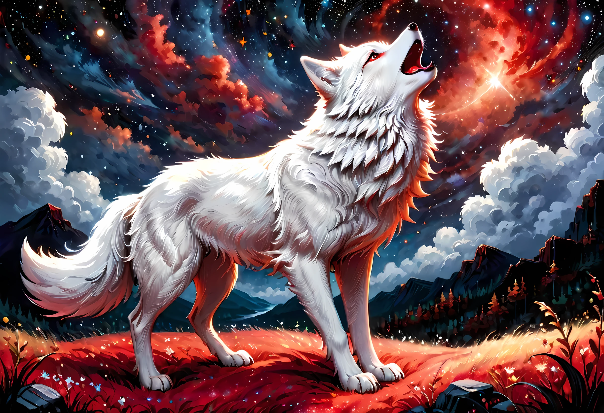 high details, best quality, 16k, [ultra detailed], masterpiece, best quality, gothic art, dark fantasy, (ultra detailed), full body, ultra wide shot, photorealism, an epic white wolf howling to the starry night sky, big epic white wolf , white fur (ultra detailed, Masterpiece, best quality), howling, red eyes RagingNebula (ultra detailed, Masterpiece, best quality), night sky, starry night background (ultra detailed, Masterpiece, best quality, ladyshadow