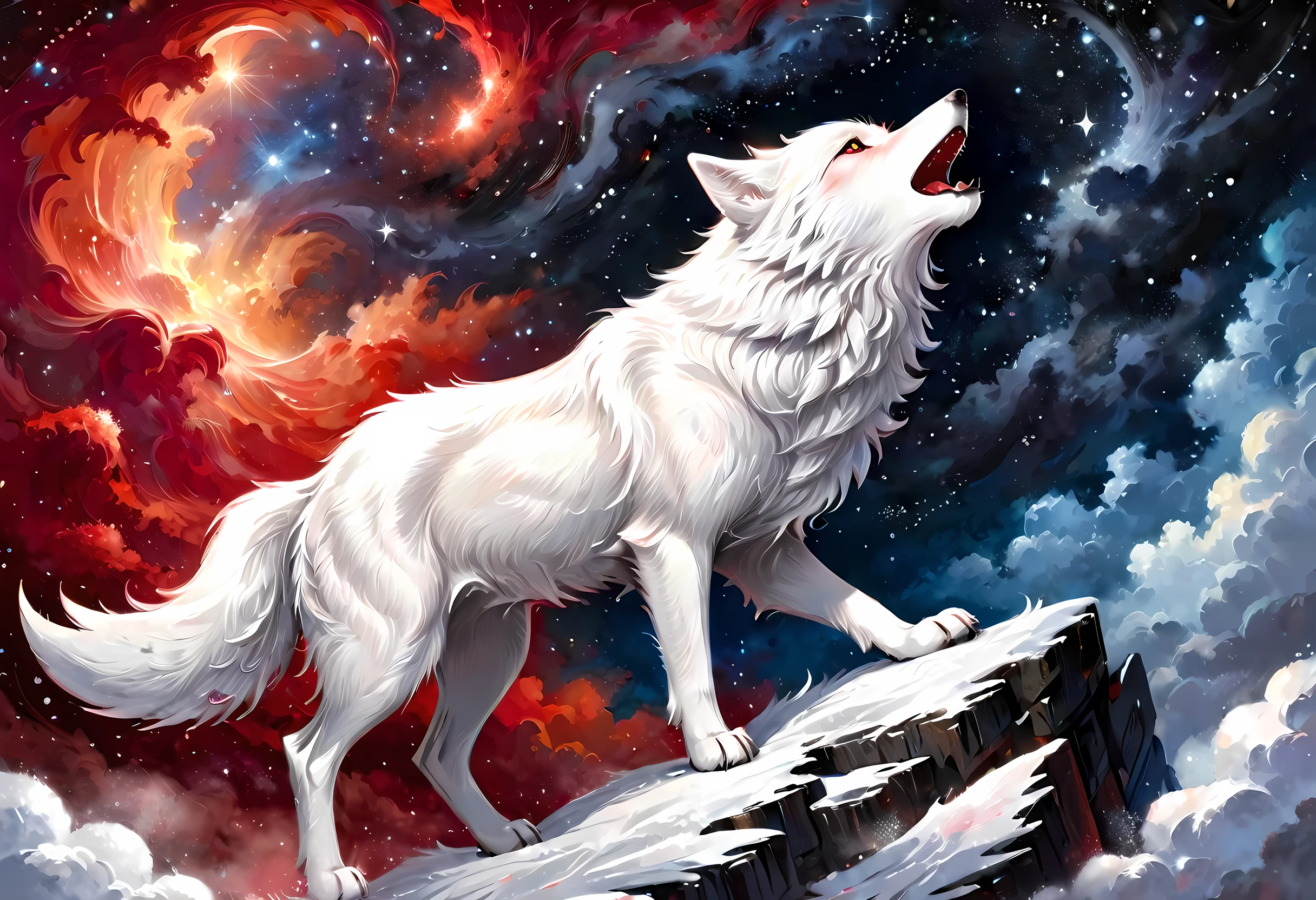 high details, best quality, 16k, [ultra detailed], masterpiece, best quality, gothic art, dark fantasy, (ultra detailed), full body, ultra wide shot, photorealism, an epic white wolf howling to the starry night sky, big epic white wolf , white fur (ultra detailed, Masterpiece, best quality), howling, red eyes RagingNebula (ultra detailed, Masterpiece, best quality), night sky, starry night background (ultra detailed, Masterpiece, best quality, ladyshadow