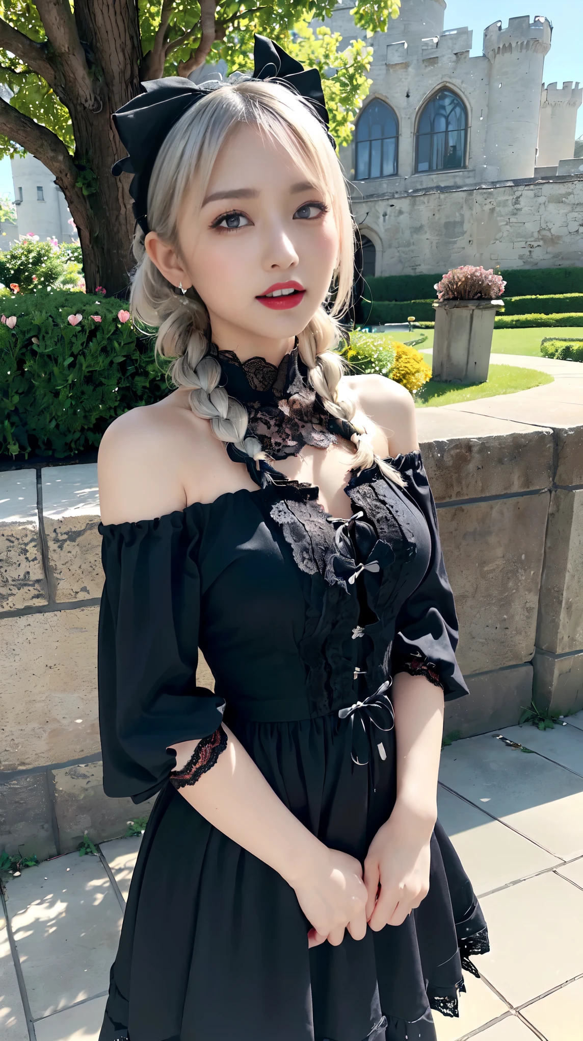((18 year old Japanese girl, 1 person)), (((Gothic Lolita Fashion:1.3)),(((Lace off-the-shoulder dress))),(((Outfit with intricate lace detailing))),(Emphasize large breasts:1.3),(European castle background:1.3),(Flowerbed with colorful flowers blooming in the garden),(squat:1.3),(The contrast of light and shadow makes the subject appear three-dimensional),Pretty and beautiful girl,Cute round face,Cute Smile,Blushing,Red lips,(Silvery white hair,Floral knit headband,Half Up、Floral braided space buns,Voluminous fishtail braid,Twisted pan,),(The bangs are see-through),hairpin,hair ornaments,Detailed clothing features,Detailed hair features,Detailed facial features,(Dynamic Angle),BREAK ceremony,((Random sexy poses、put in、Deep pleasure, Ecstatic eyes:1.2)), ((I gasp hard:1.2))、Ecstatic face、Climax expression, Through clenched teeth、My whole body is convulsing、Official Art，Highly detailed CG Unity 8k wallpaper, (masterpiece:1.0),(highest quality:1.0), photo shoot, 8k, Browsing Caution, High resolution, Kodak Portrait 400, Film Grain, Lens flare brilliance,Very low camera angle, View your audience