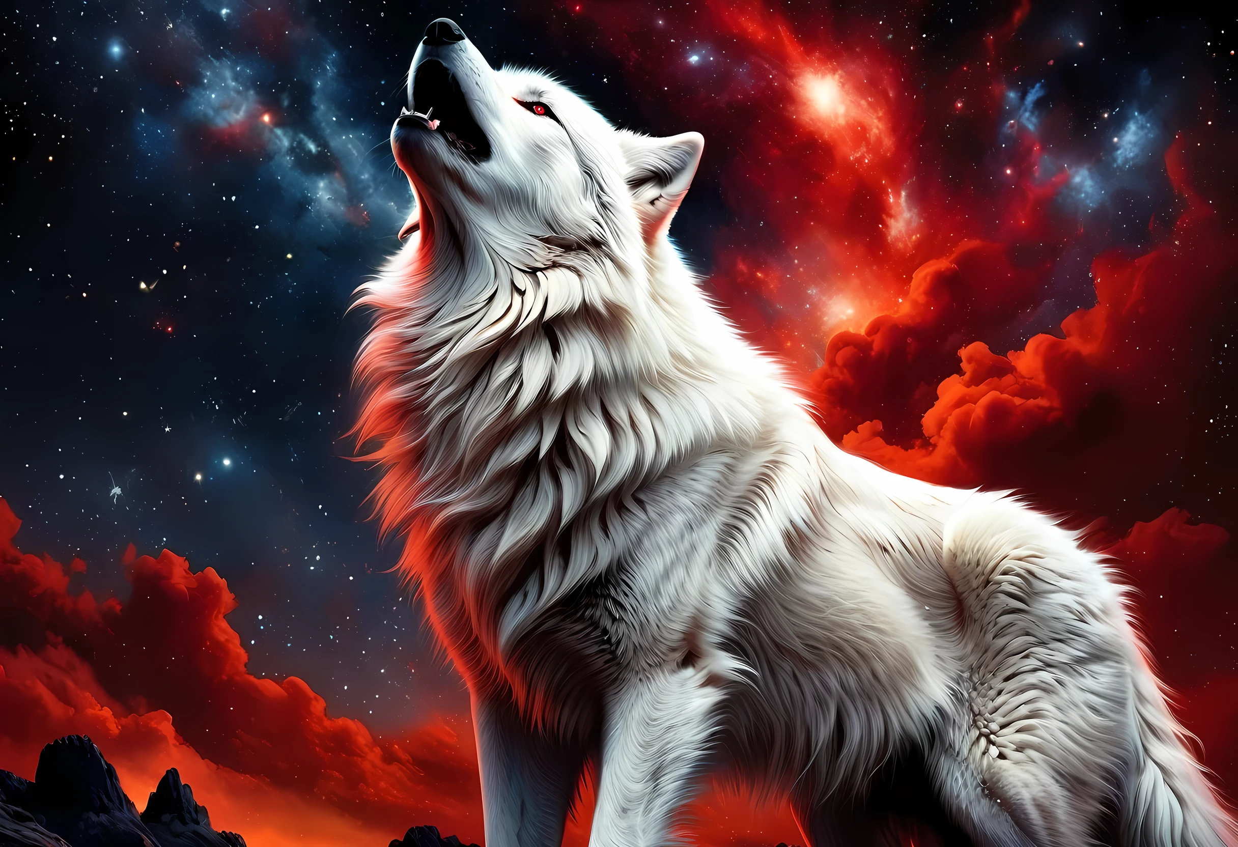 high details, best quality, 16k, [ultra detailed], masterpiece, best quality, gothic art, dark fantasy, (ultra detailed), full body, ultra wide shot, photorealism, an epic white wolf howling to the starry night sky, big epic white wolf , white fur (ultra detailed, Masterpiece, best quality), howling, red eyes RagingNebula (ultra detailed, Masterpiece, best quality), night sky, starry night background (ultra detailed, Masterpiece, best quality, ladyshadow