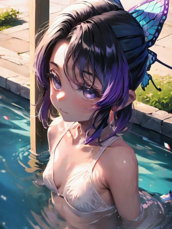 shinobu kochou, masterpiece, 4k, 8k, (small breast), kawaii, ,tits,Black Hair, Twin tails, Emphasize the chest、Nipple Contour, Cleavage, garden, Chamber of Secrets, shower room
