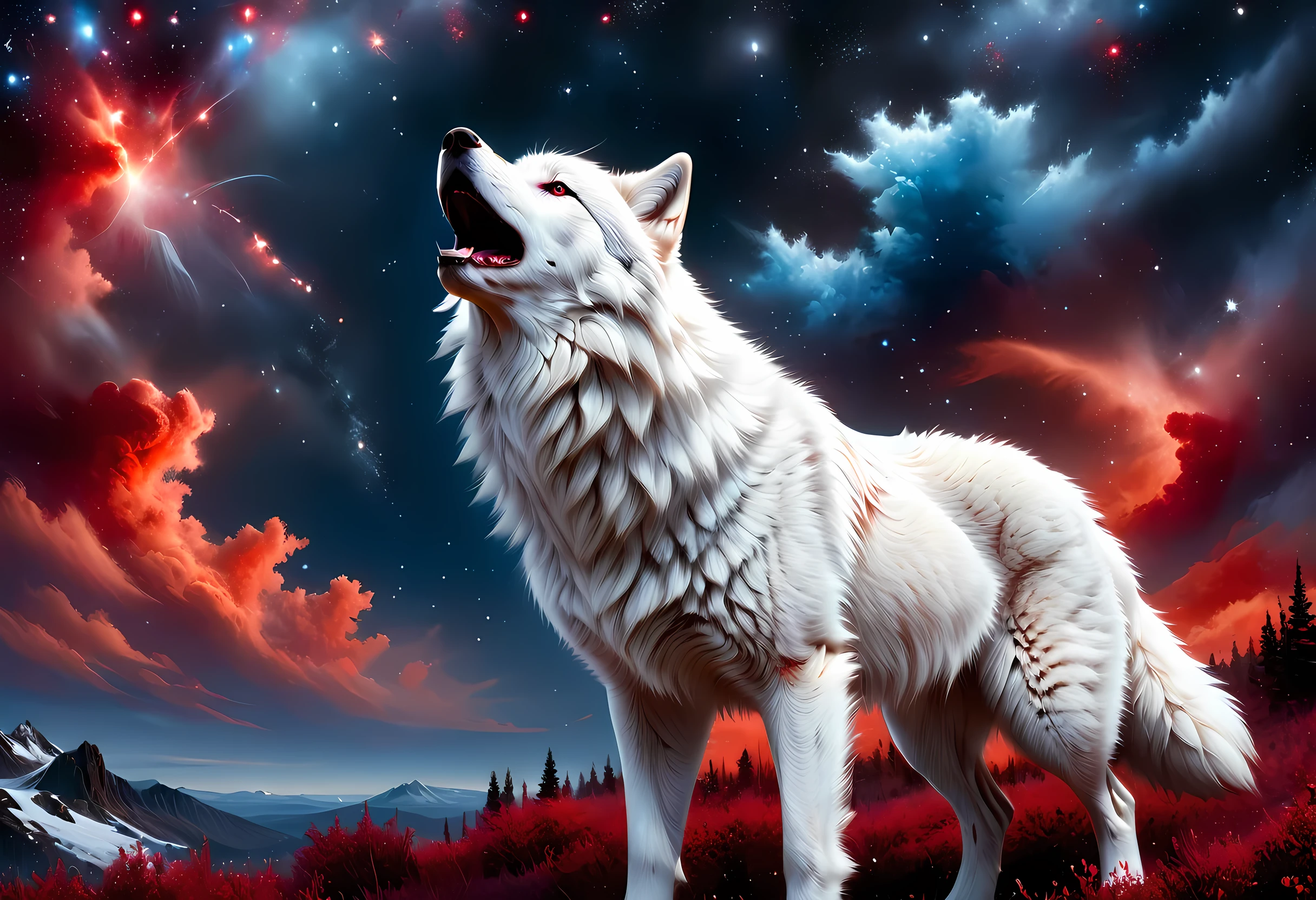 high details, best quality, 16k, [ultra detailed], masterpiece, best quality, gothic art, dark fantasy, (ultra detailed), full body, ultra wide shot, photorealism, an epic white wolf howling to the starry night sky, big epic white wolf , white fur (ultra detailed, Masterpiece, best quality), howling, red eyes RagingNebula (ultra detailed, Masterpiece, best quality), night sky, starry night background (ultra detailed, Masterpiece, best quality, ladyshadow