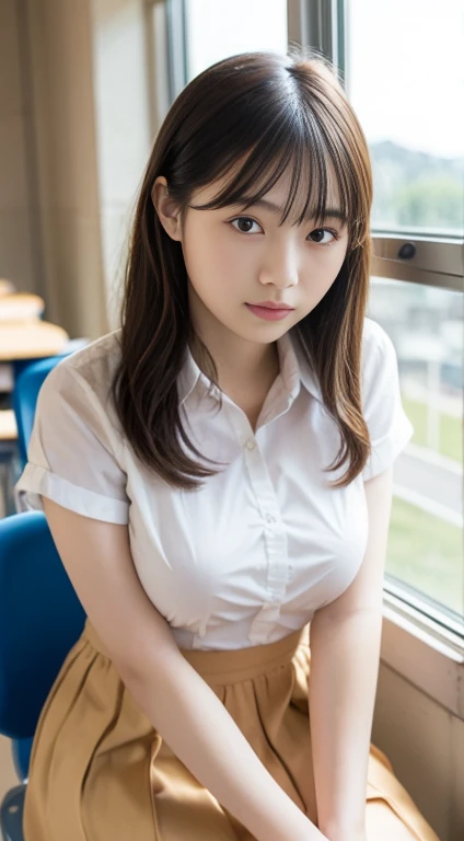 One girl、、 (alone)、(Thrust up the chest)、18 year old student、(Sitting in a school chair by the window)、She is in a bad mood、(Super beautiful girl:1.5)、(Large Breasts:1.2)、Tight blouse、(一张细致的face)、Textured Skin、face、Voluptuous thighs、Bare leg hair、(uniform)、high school、classroom、School desks and chairs、Out of the window, I can see the sea, the summer sky, and cumulonimbus clouds.、Heterochromia iridis