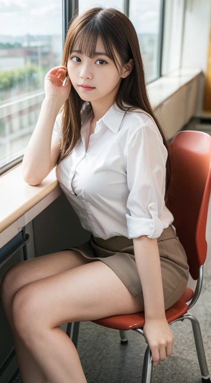 One girl、、 (alone)、(Thrust up the chest)、18 year old student、(Sitting in a school chair by the window)、She is in a bad mood、(Super beautiful girl:1.5)、(Large Breasts:1.2)、Tight blouse、(一张细致的face)、Textured Skin、face、Voluptuous thighs、Bare leg hair、(uniform)、high school、classroom、School desks and chairs、Out of the window, I can see the sea, the summer sky, and cumulonimbus clouds.、Heterochromia iridis