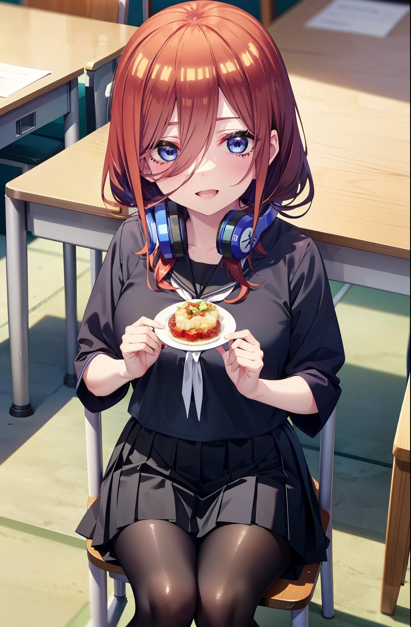 Mikunakano, Miku Nakano, Long Hair, bangs, blue eyes, Brown Hair, shirt, Hair between the eyes, Headphones around neck,smile、happy smile, smile, Open your mouth,Big Breasts,Japanese schoolgirl(Black Sailor Suit),Short sleeve,Black pleated skirt,Black pantyhose,Brown Loafers,Daytime,Clear skies,sitting cross-legged on a chair,There is food on the table,whole bodyがイラストに入るように,Looking down from above,
break indoors, School,classroom,
break looking at viewer, whole body,
break (masterpiece:1.2), highest quality, High resolution, unity 8k wallpaper, (shape:0.8), (Beautiful details:1.6), Highly detailed face, Perfect lighting, Extremely detailed CG, (Perfect hands, Perfect Anatomy),