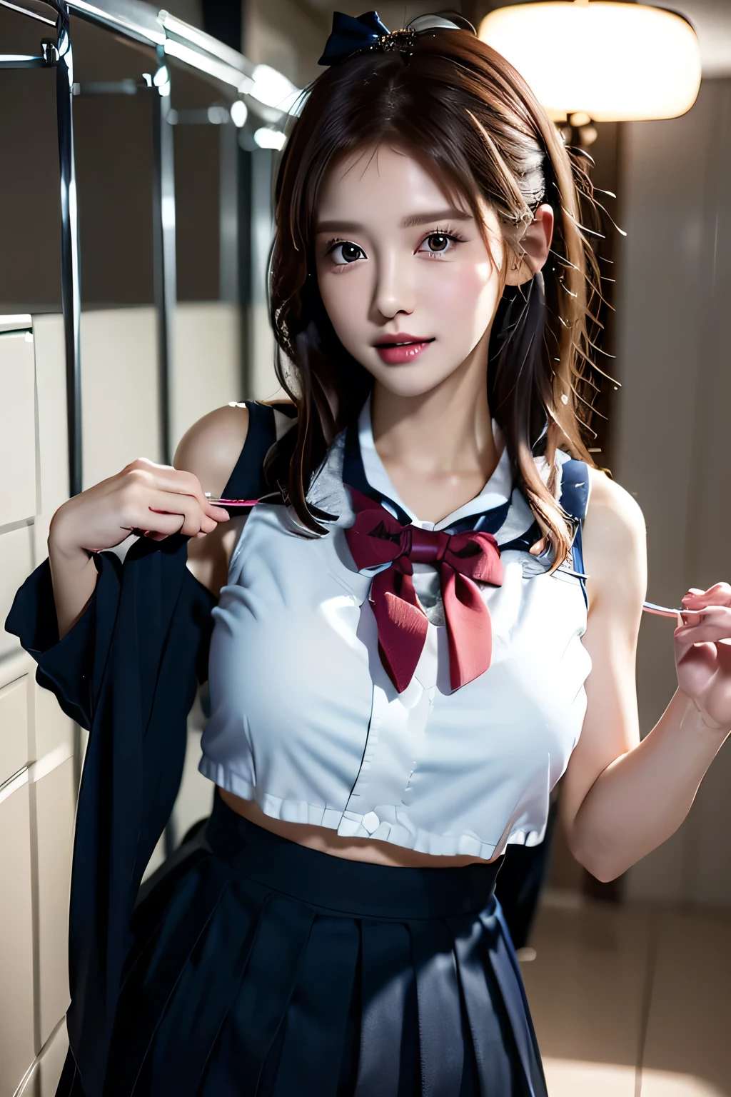 (((locker room))),(((Change clothes in the changing room:1.3))),(((clothes on hangers:1.3))),(((Sailor suit))),(((Pleated skirt that exposes skin))),(Dark red bow tie:1.3),Cute Face,Extreme close up of face,Silver short hair,Cute angry face,Perfect round face,iris,Floating Hair,Big Breasts.Professional Lighting,Cinematic Light,(Tabletop,highest quality,Ultra-high resolution output images,) ,(8K quality,),(Picture Mode Ultra HD,)

