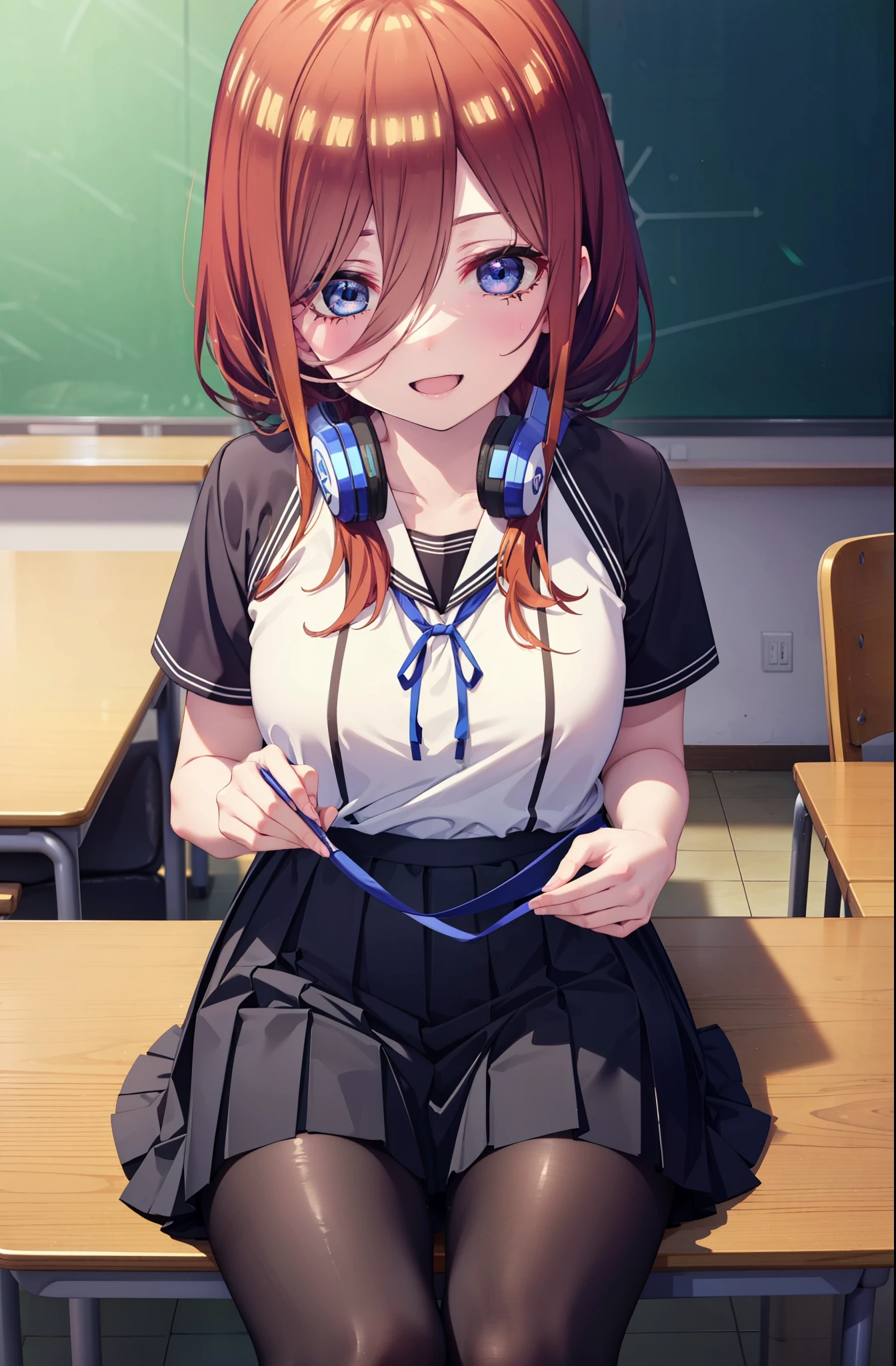 Mikunakano, Miku Nakano, Long Hair, bangs, blue eyes, Brown Hair, shirt, Hair between the eyes, Headphones around neck,smile、happy smile, smile, Open your mouth,Big Breasts,Japanese schoolgirl(Black Sailor Suit),Short sleeve,Black pleated skirt,Black pantyhose,Brown Loafers,Daytime,Clear skies,sitting cross-legged on a chair,There is food on the table,whole bodyがイラストに入るように,Looking down from above,
break indoors, School,classroom,
break looking at viewer, whole body,
break (masterpiece:1.2), highest quality, High resolution, unity 8k wallpaper, (shape:0.8), (Beautiful details:1.6), Highly detailed face, Perfect lighting, Extremely detailed CG, (Perfect hands, Perfect Anatomy),