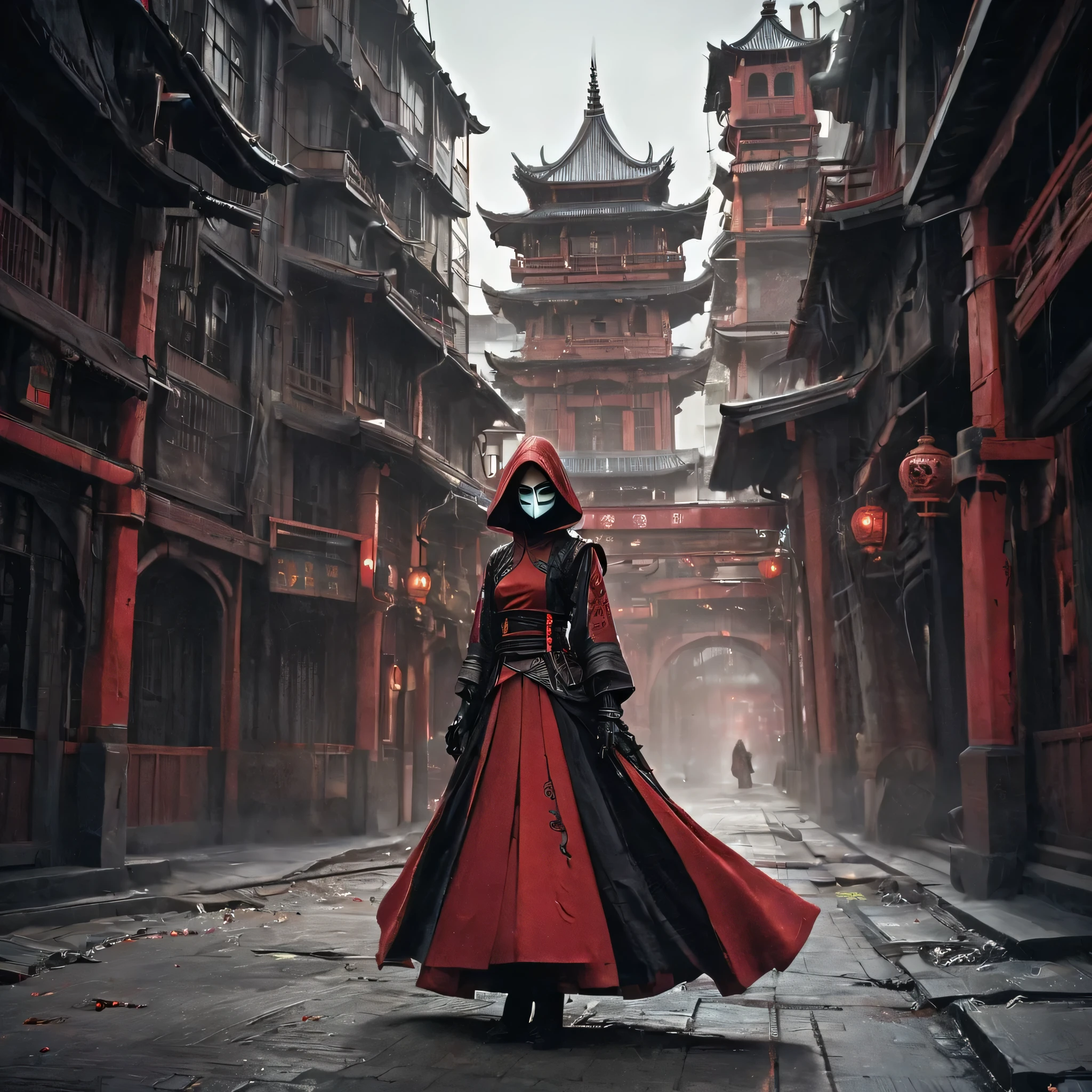 Arafed image of a person wearing scarlet clothing and a mask, Very beautiful cyberpunk samurai, gothic - cyberpunk, Orthodox cyberpunk, Rococo Cyberpunk, ornamental gothic - cyberpunk, Gorgeous cosplay, occult cyberpunk, Mysterious Post-Apocalyptic Cyborg, Steampunk Angel, Ultra-detailed fantasy characters, Steampunk aesthetics, Steampunk fantasy style, japanese gothic, Hypergoth, Beautiful female Grim Reaper