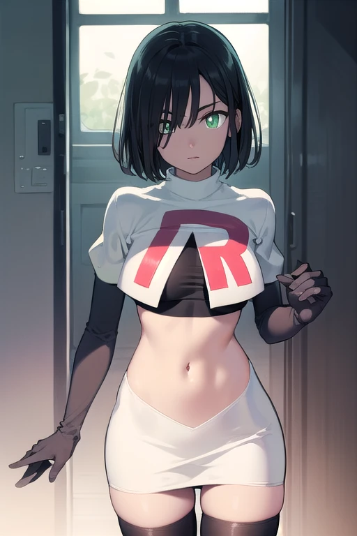 fubuki, fubuki, black hair, (green eyes:1.5), short hair,
BREAK jewelry, team rocket,team rocket uniform,white skirt,red letter R,crop top,black thigh-highs,black elbow gloves,
BREAK looking at viewer,
BREAK (masterpiece:1.2), best quality, high resolution, unity 8k wallpaper, (illustration:0.8), (beautiful detailed eyes:1.6), extremely detailed face, perfect lighting, extremely detailed CG, (perfect hands, perfect anatomy),